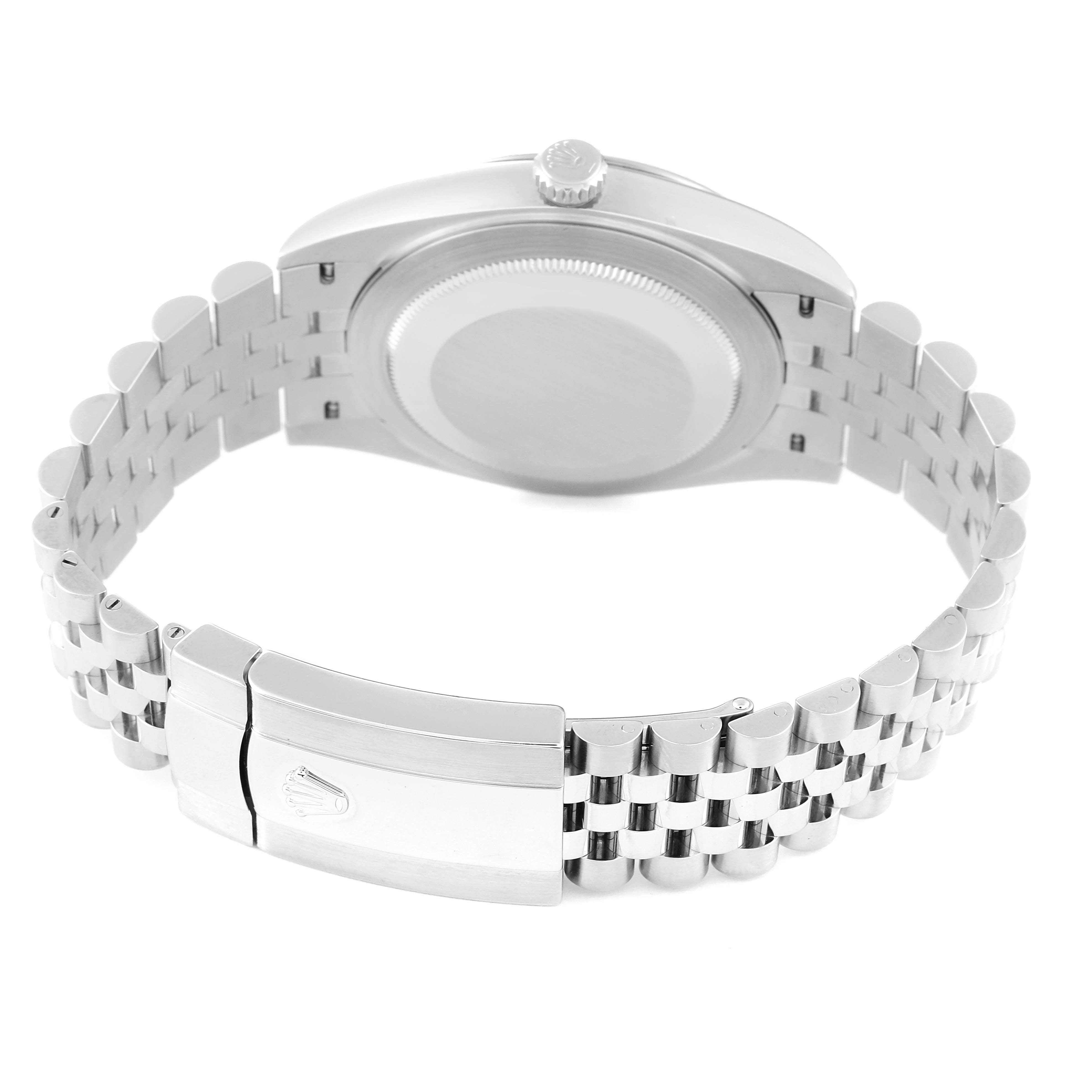 This image shows the back view of a Rolex Datejust 41 126334 Men's Stainless Steel Black Dial 126334 Men's Stainless Steel Black Dial watch, highlighting the case back and the clasp on the bracelet.