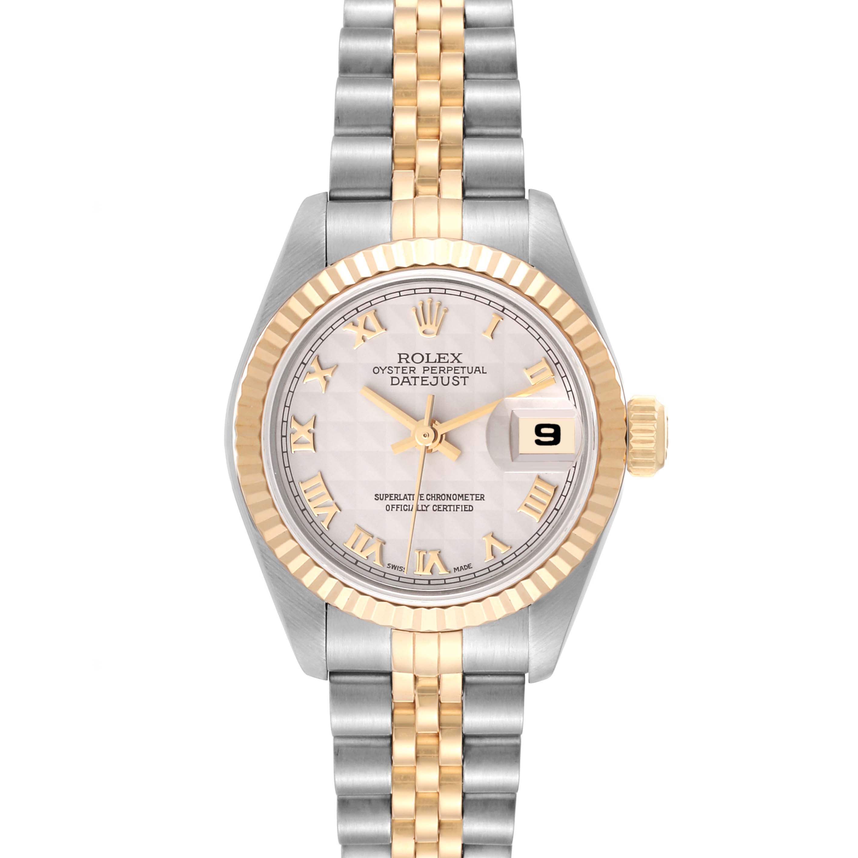 The Rolex Datejust 69173 Women's Steel and Gold (two tone) White Dial 69173 Women's Steel and Gold (two tone) White Dial watch is shown from a front angle, displaying its dial, bezel, crown, and two-tone bracelet.