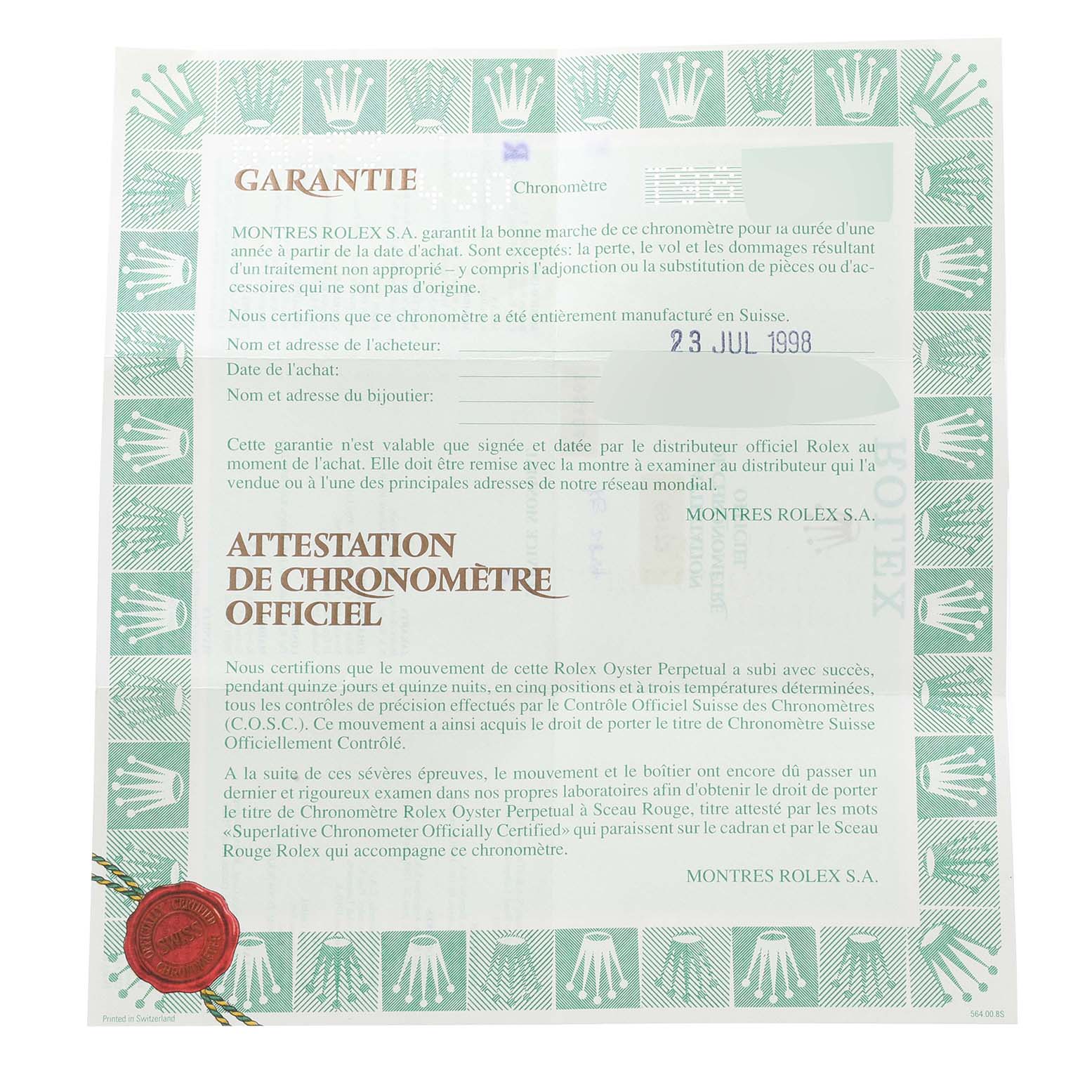 This image shows a warranty certificate and official chronometer certification for a Rolex Datejust 69173 Women's Steel and Gold (two tone) White Dial 69173 Women's Steel and Gold (two tone) White Dial model.