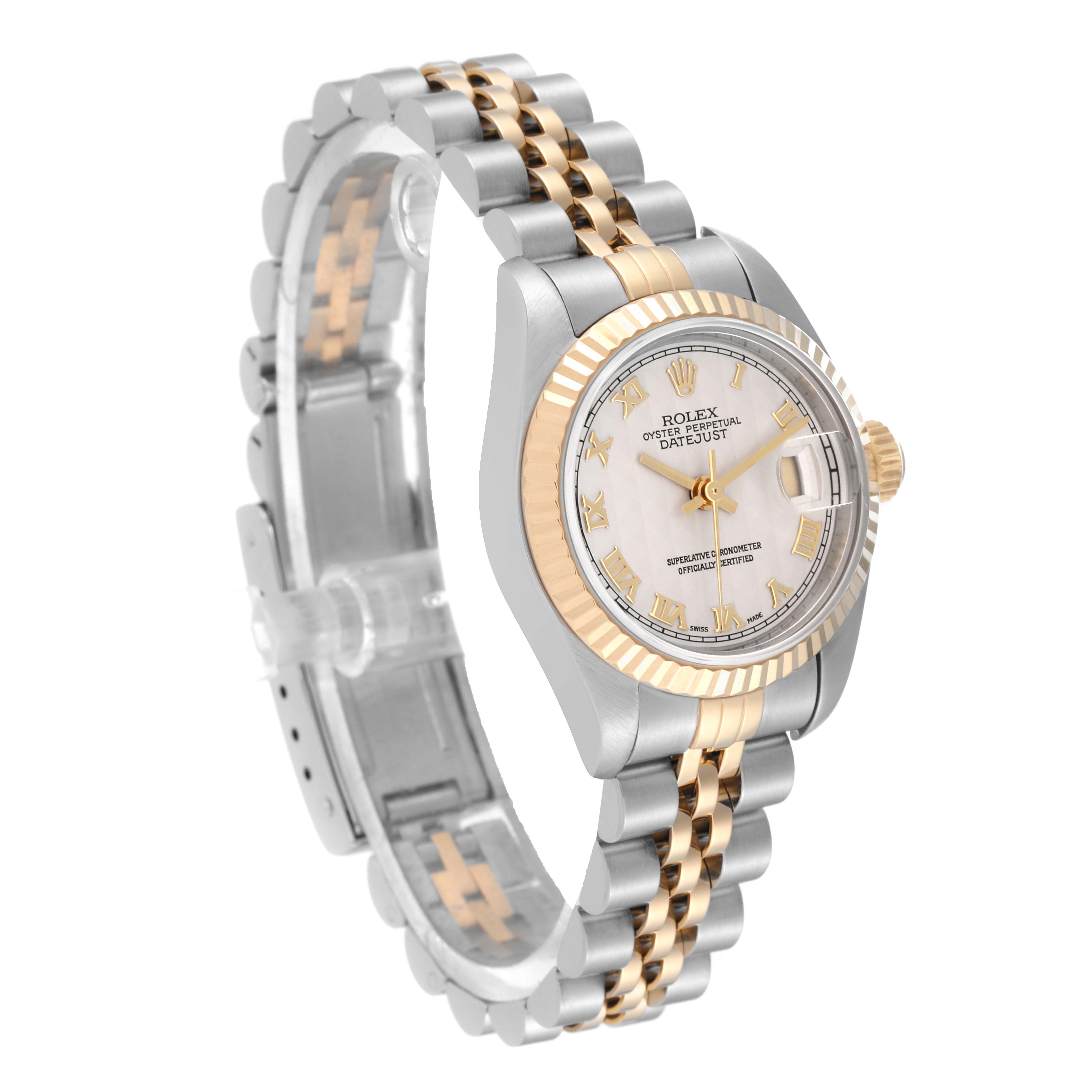 The image shows a Rolex Datejust 69173 Women's Steel and Gold (two tone) White Dial 69173 Women's Steel and Gold (two tone) White Dial watch, highlighting its dial, bezel, and two-tone bracelet from a slightly angled side view.