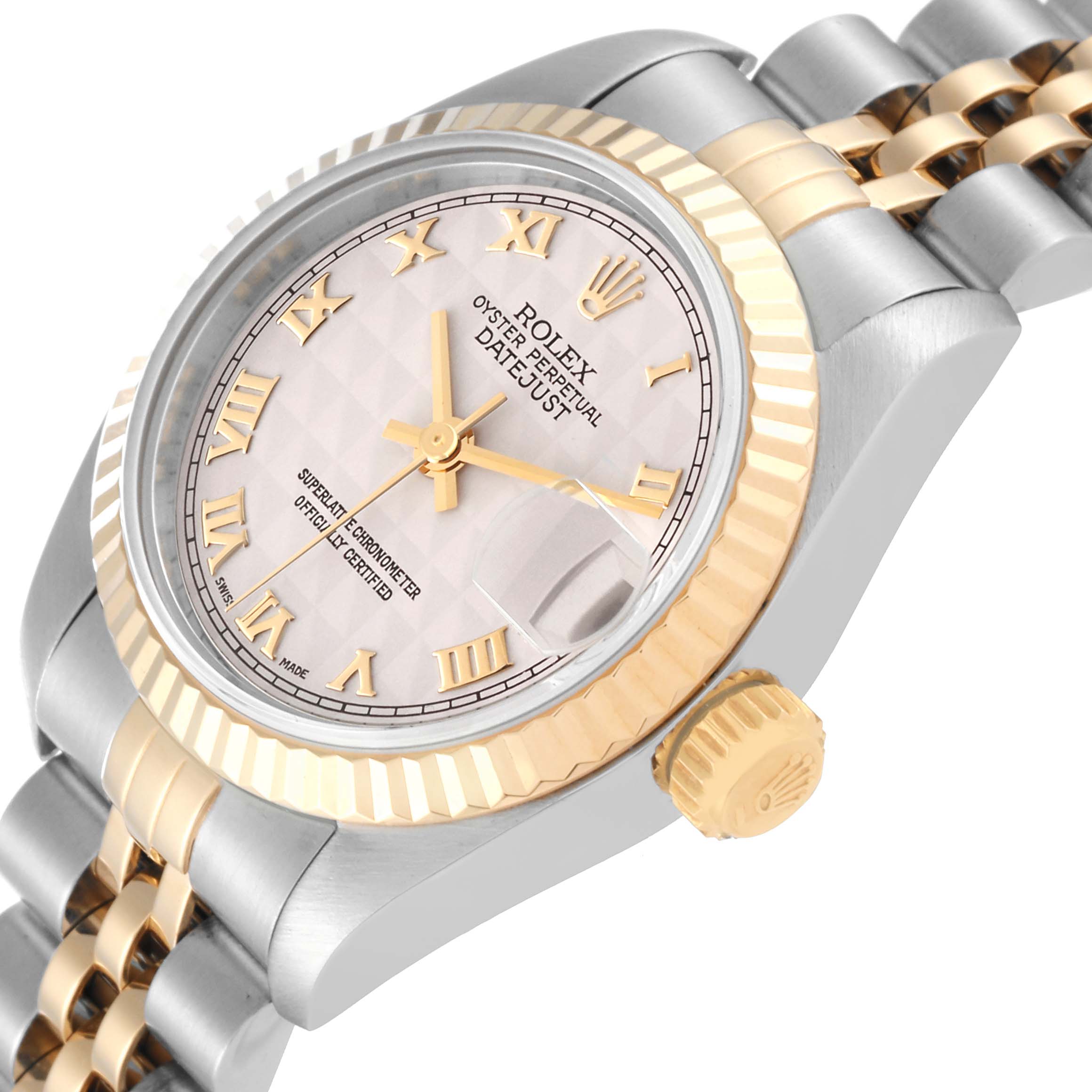 The image shows a Rolex Datejust 69173 Women's Steel and Gold (two tone) White Dial 69173 Women's Steel and Gold (two tone) White Dial watch at a three-quarter angle highlighting the dial, crown, and part of the bracelet.