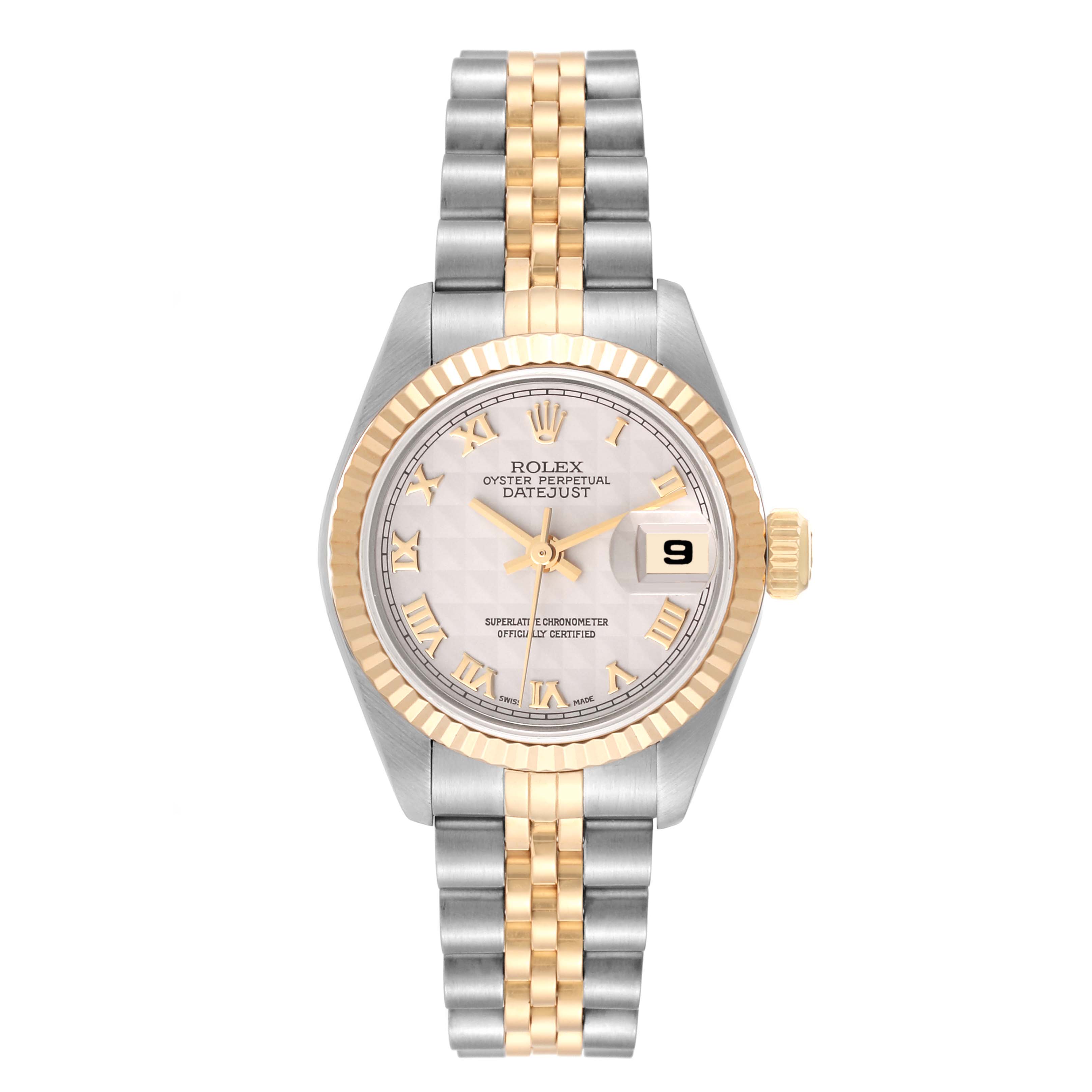 The image shows a frontal view of the Rolex Datejust 69173 Women's Steel and Gold (two tone) White Dial 69173 Women's Steel and Gold (two tone) White Dial watch, showcasing its dial, bezel, crown, and two-tone bracelet.