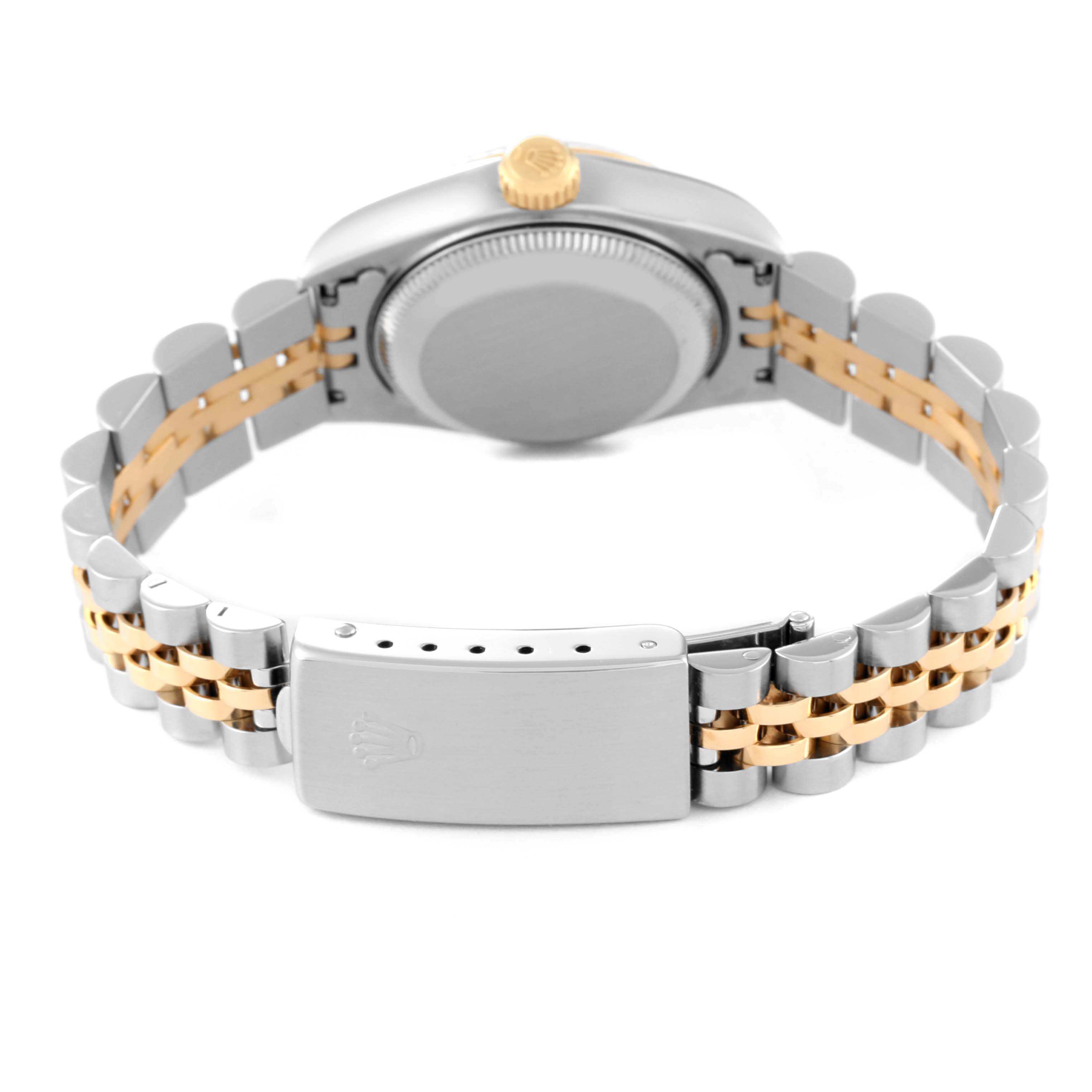 The image shows the back side and bracelet clasp of a Rolex Datejust 69173 Women's Steel and Gold (two tone) White Dial 69173 Women's Steel and Gold (two tone) White Dial watch at a slightly downward angle.