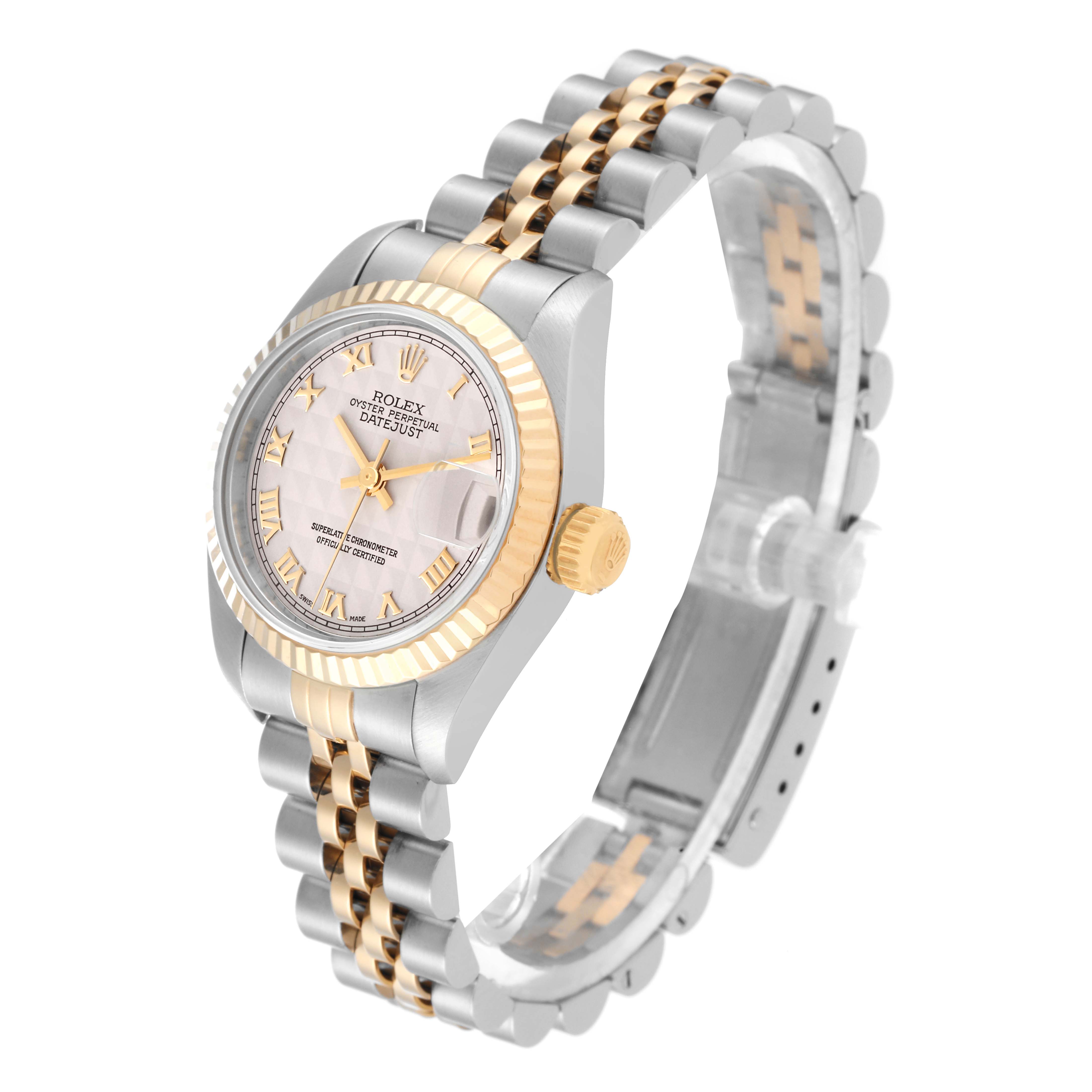 The image shows a Rolex Datejust 69173 Women's Steel and Gold (two tone) White Dial 69173 Women's Steel and Gold (two tone) White Dial watch from an angled front view, highlighting its dial, bezel, crown, and two-tone bracelet.