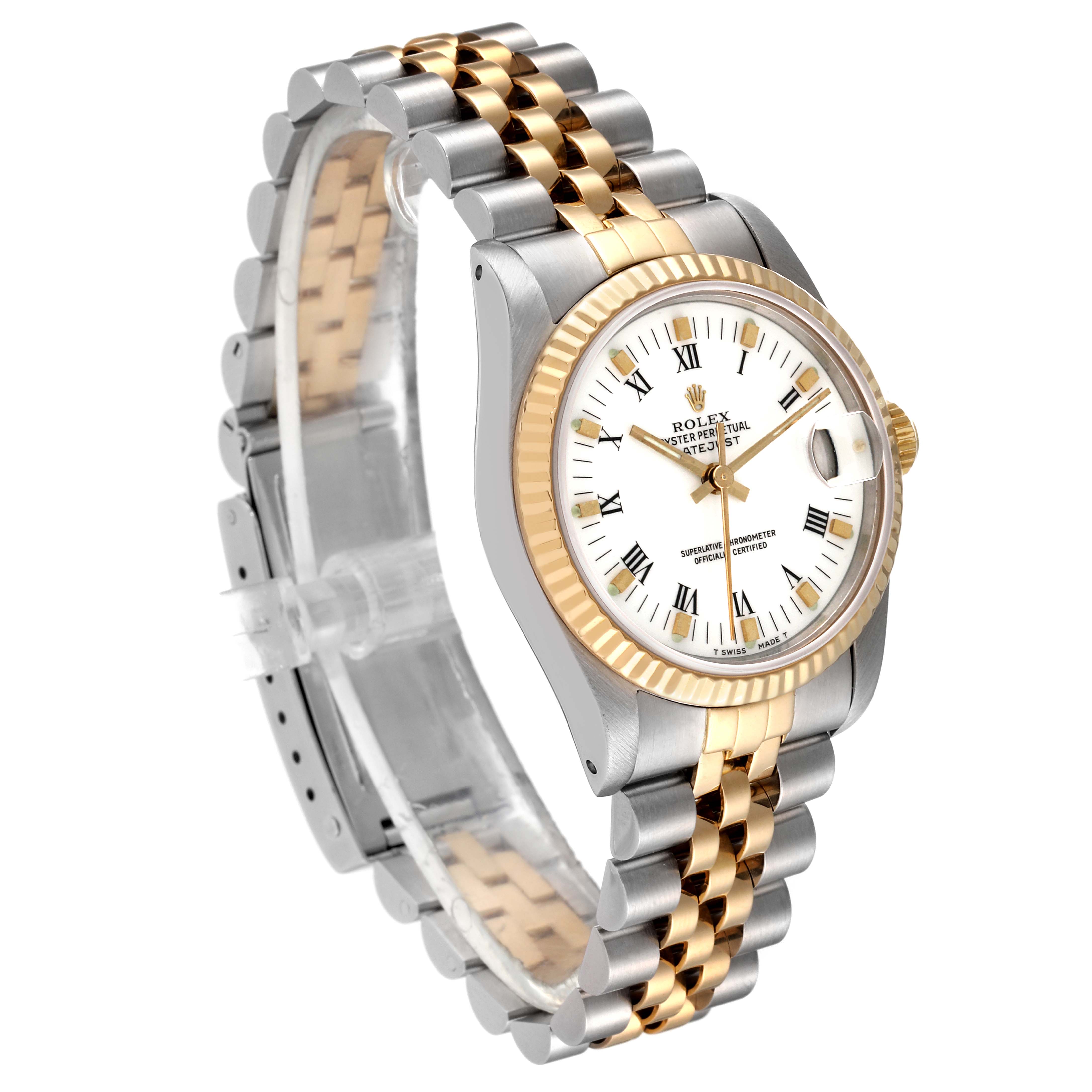 The image shows a Rolex Mid-Size 68273 Women
s Steel and Gold (two tone) White Dial 68273 Women
s Steel and Gold (two tone) White Dial model watch at a front-left angle, featuring its face, bezel, and jubilee bracelet.