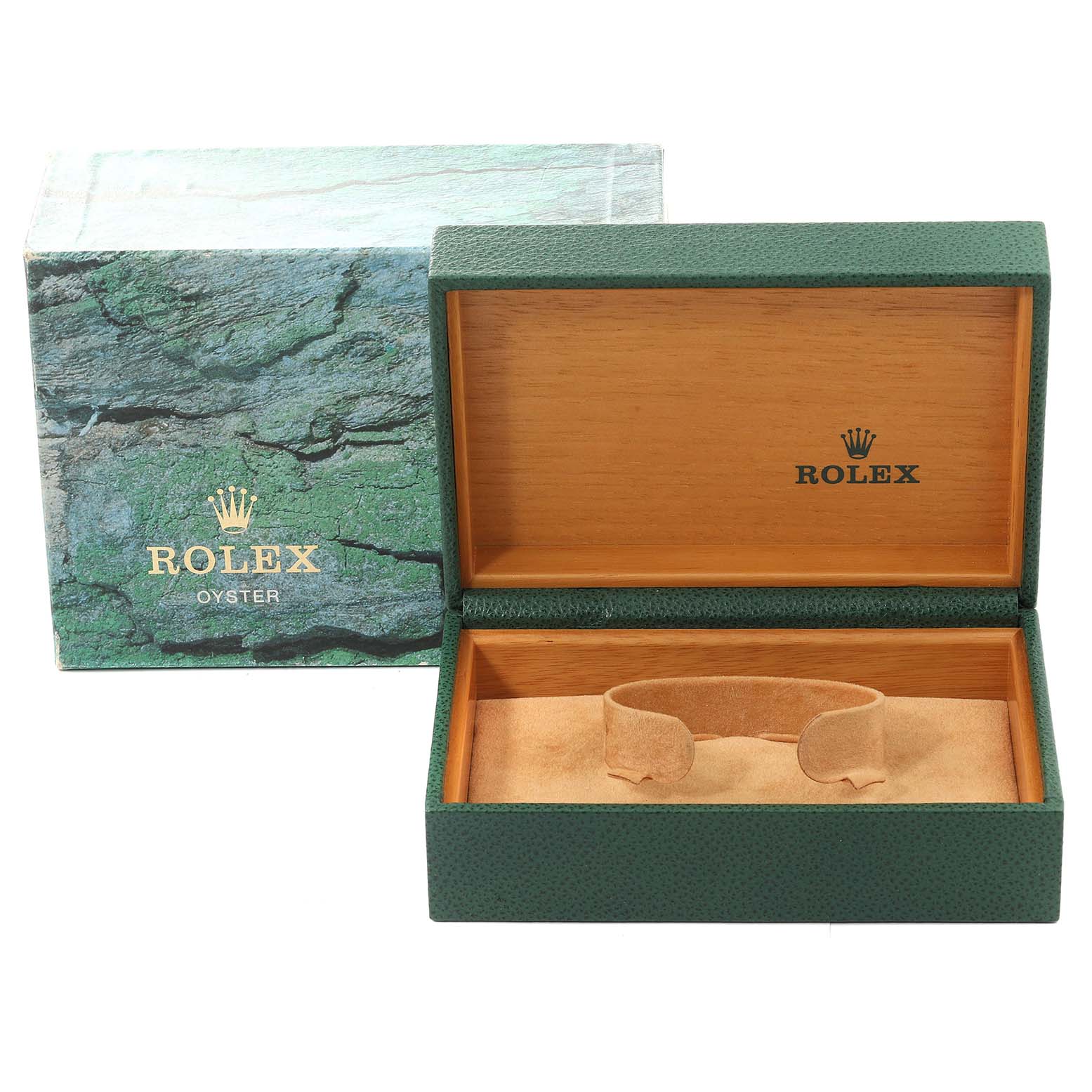 The image shows an open Rolex watch box for a Mid-Size model, displaying both the outer and inner packaging.
