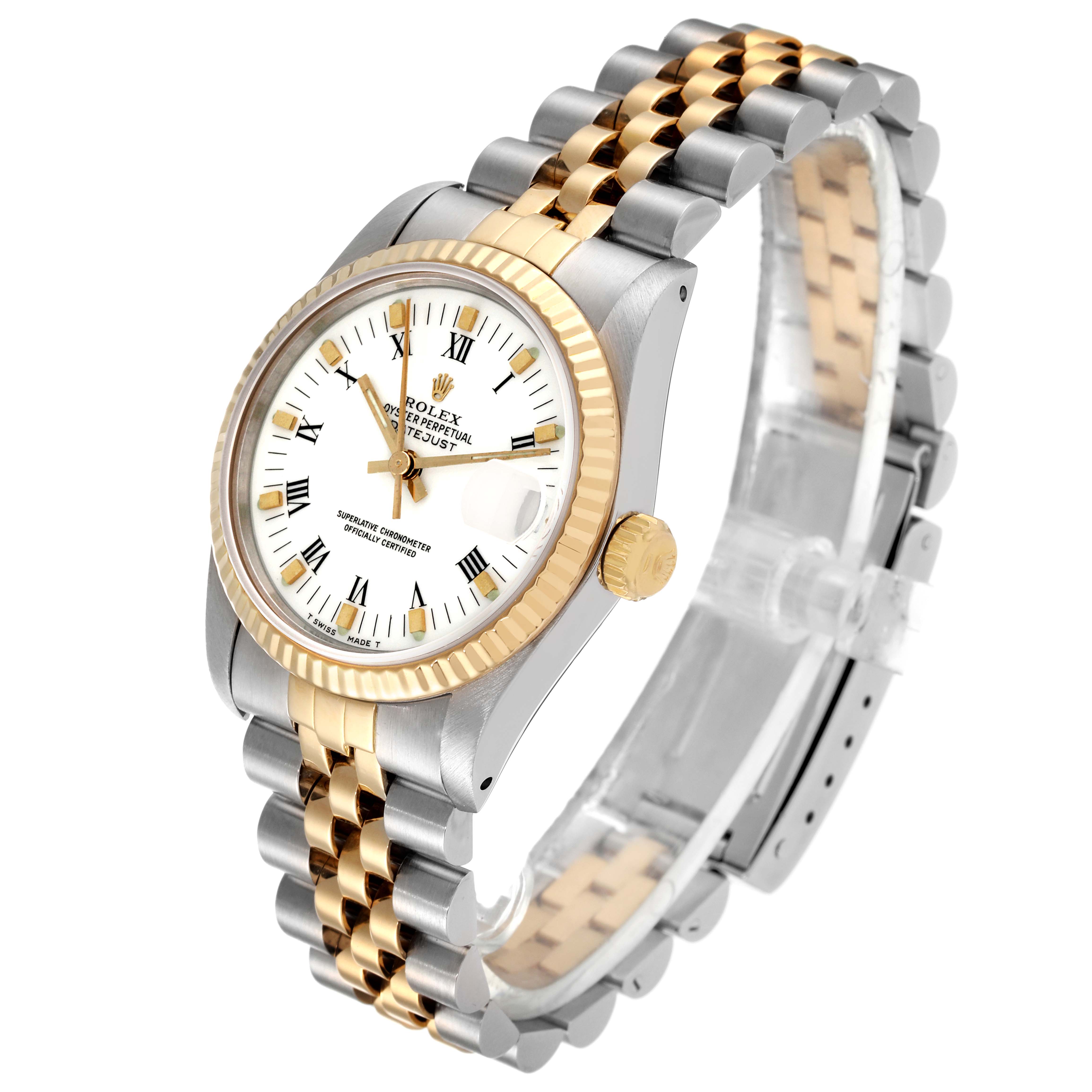 The Rolex Mid-Size 68273 Women
s Steel and Gold (two tone) White Dial 68273 Women
s Steel and Gold (two tone) White Dial model is shown from a high-angle showcasing its white dial, gold bezel, and two-tone bracelet.