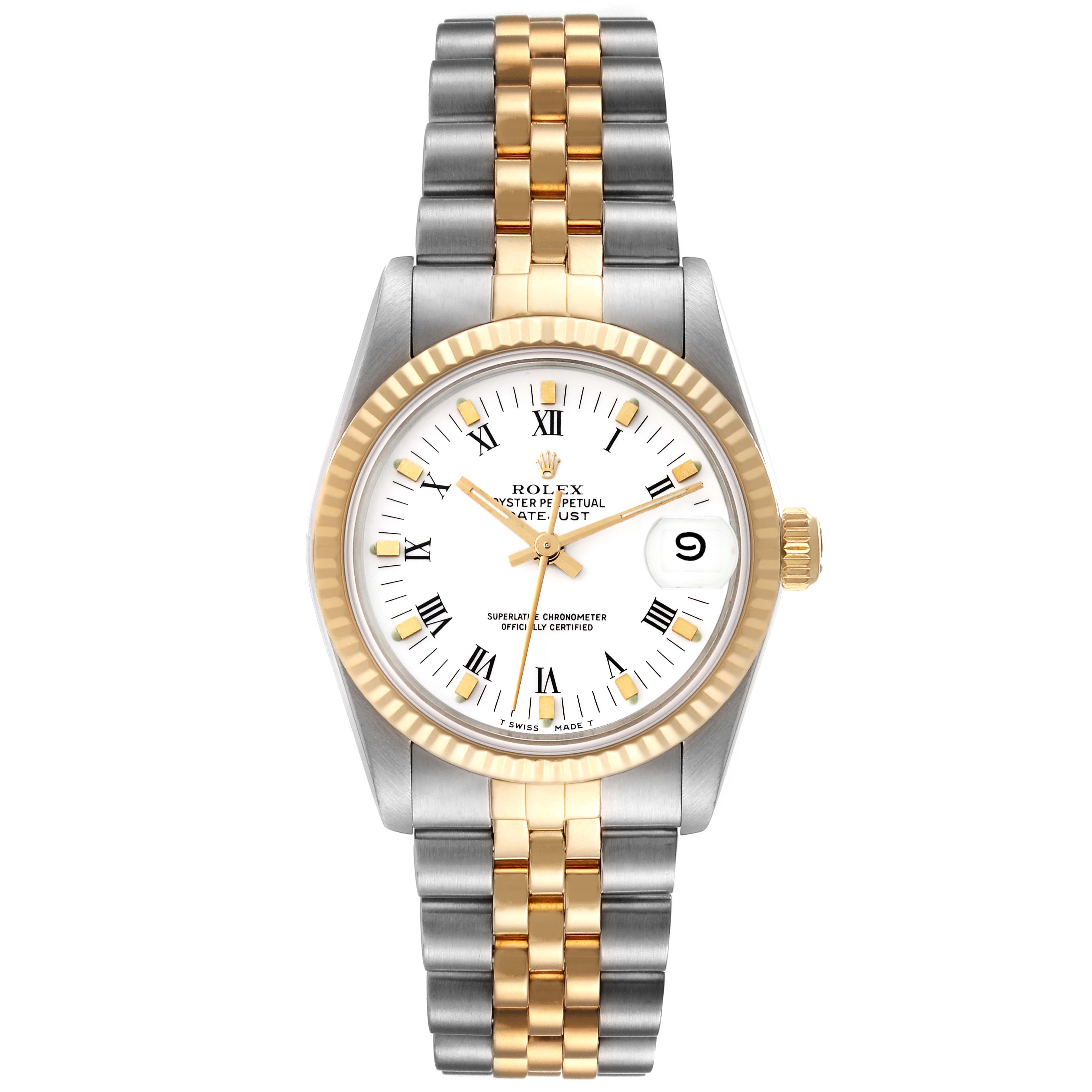 The image shows a front view of the Rolex Datejust Mid-Size watch, highlighting the dial, bezel, and two-tone bracelet.