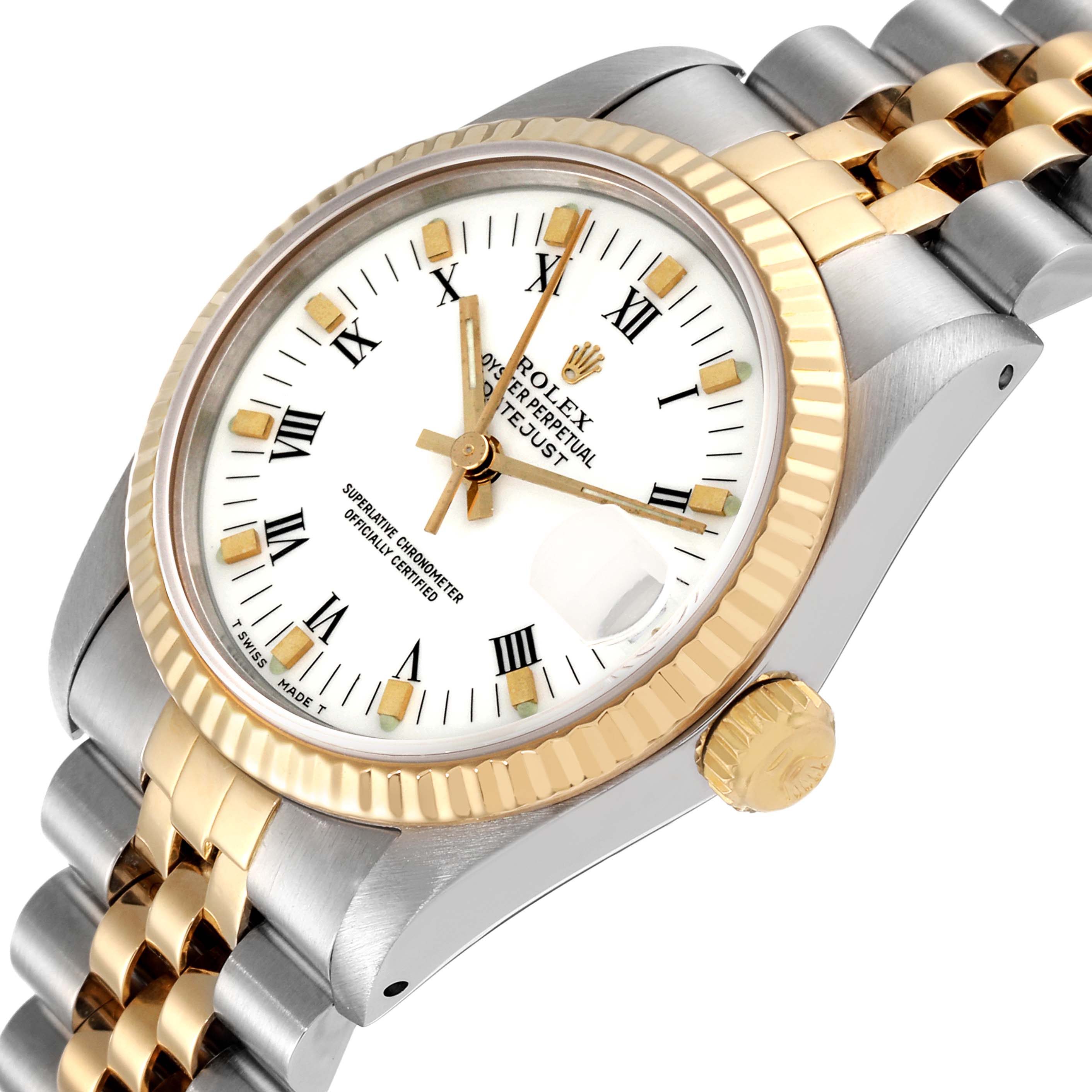 This image shows a Rolex Mid-Size 68273 Women
s Steel and Gold (two tone) White Dial 68273 Women
s Steel and Gold (two tone) White Dial watch at an angle emphasizing the bezel, crown, and part of the bracelet.