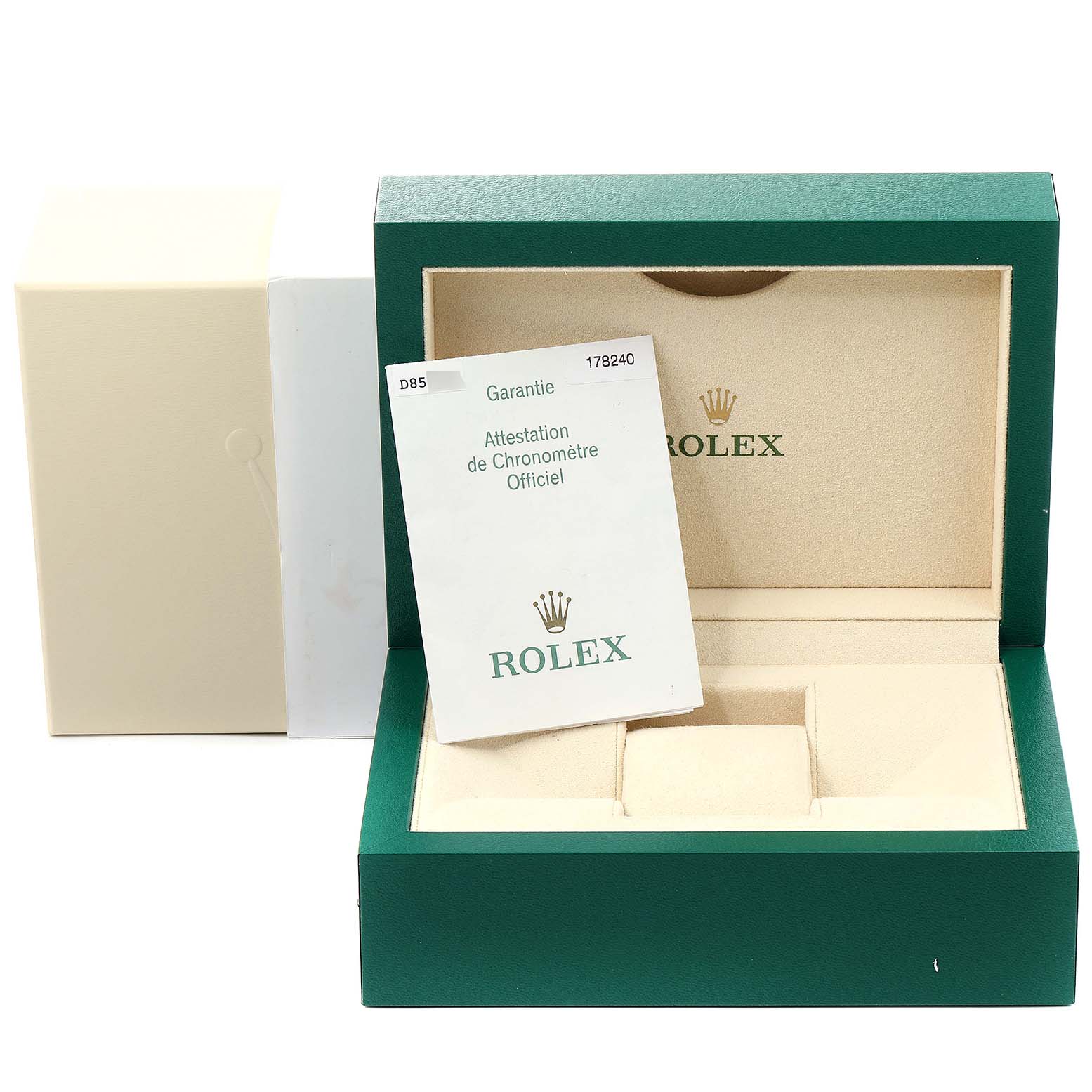 The image shows an open Rolex watch box with a certificate for the Mid-Size model inside.