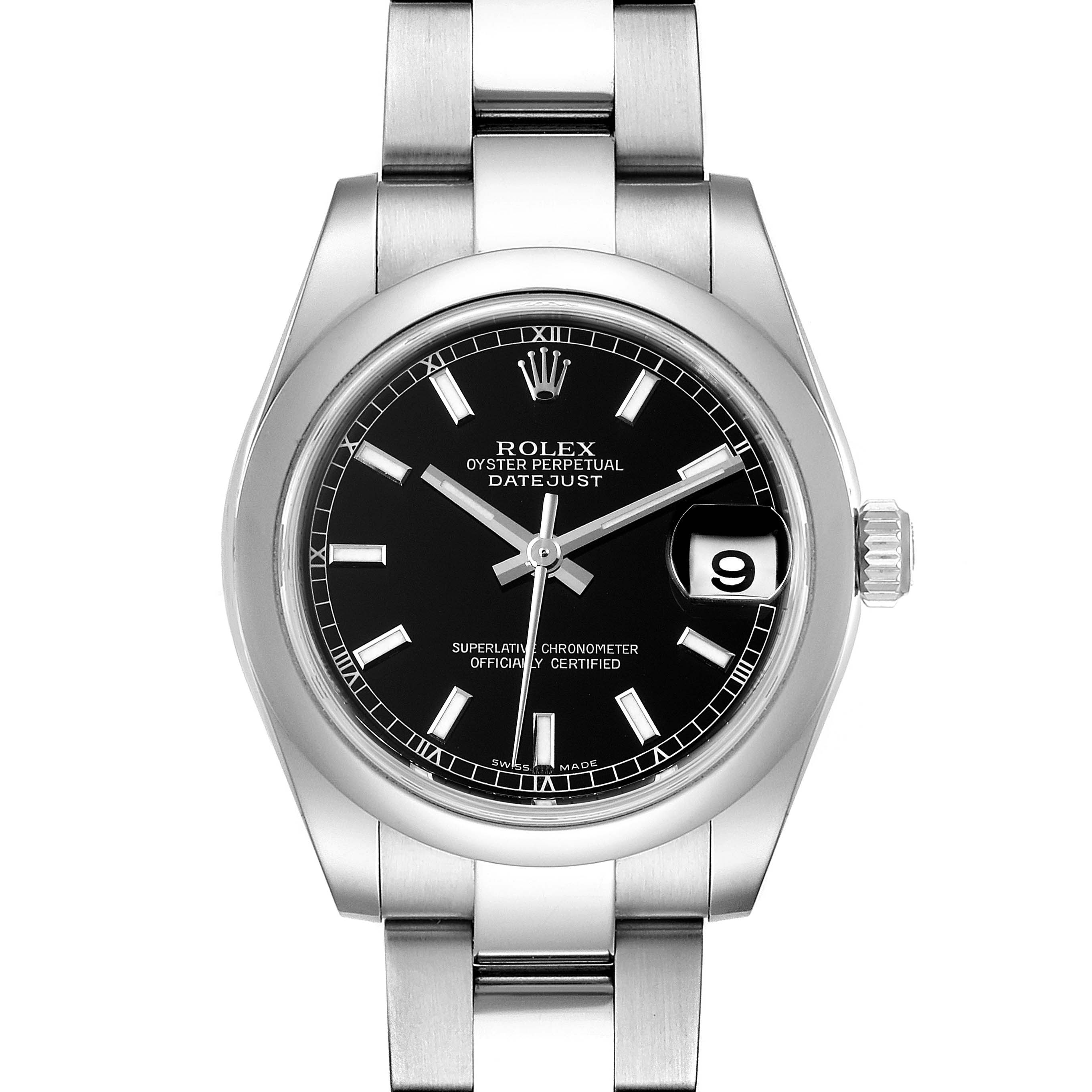 This image shows a front view of a Mid-Size Rolex Oyster Perpetual Datejust watch with a black dial and a silver bracelet.