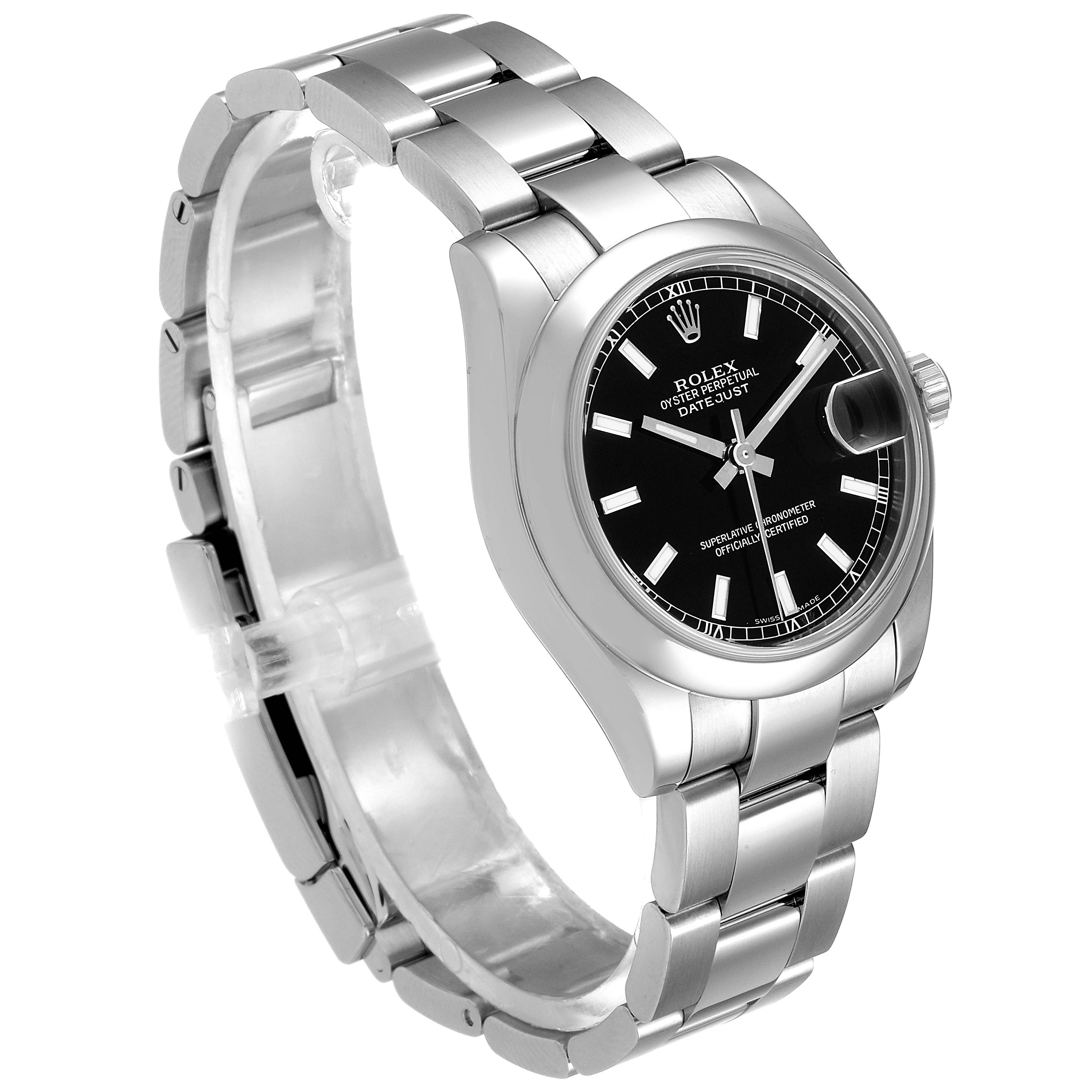 The image shows a side angle of a Rolex Mid-Size 178240 Women
s Stainless Steel Black Dial 178240 Women
s Stainless Steel Black Dial Datejust watch, highlighting its black dial, stainless steel band, and oyster case.