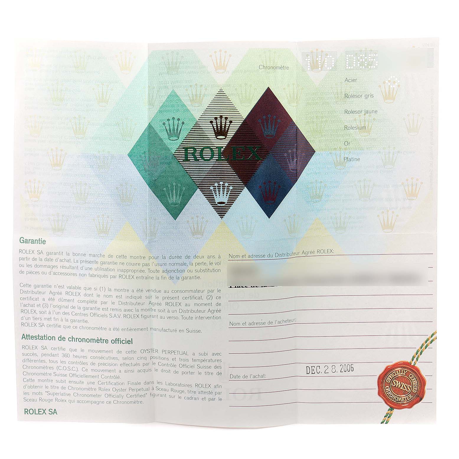 The image shows the warranty certificate and official chronometer certification for a Mid-Size Rolex watch.