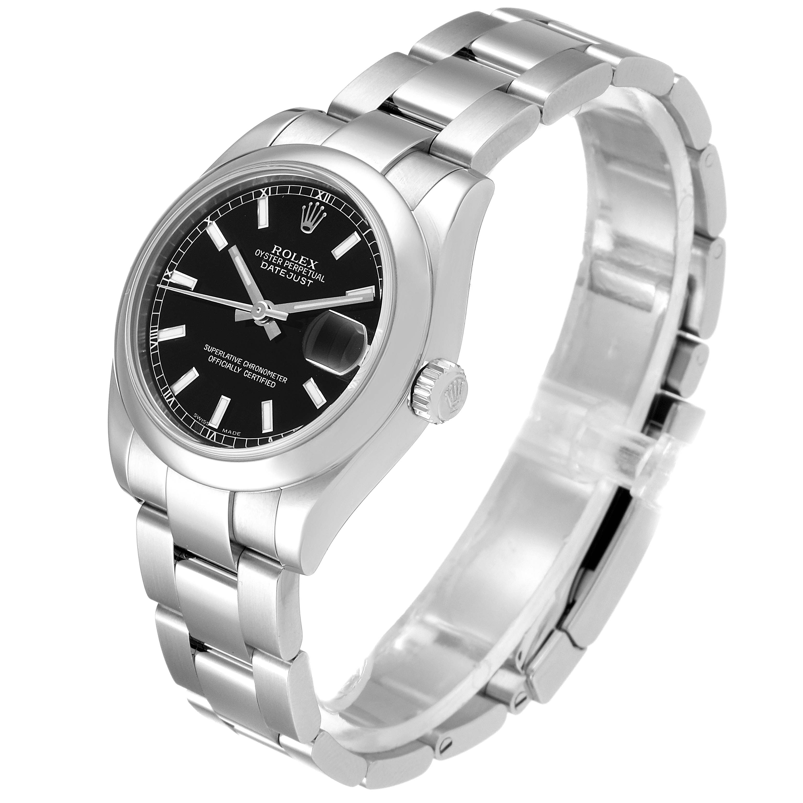 The image shows a Rolex Mid-Size 178240 Women
s Stainless Steel Black Dial 178240 Women
s Stainless Steel Black Dial Oyster Perpetual Datejust watch, viewed at a three-quarter angle, highlighting the face and metal bracelet.