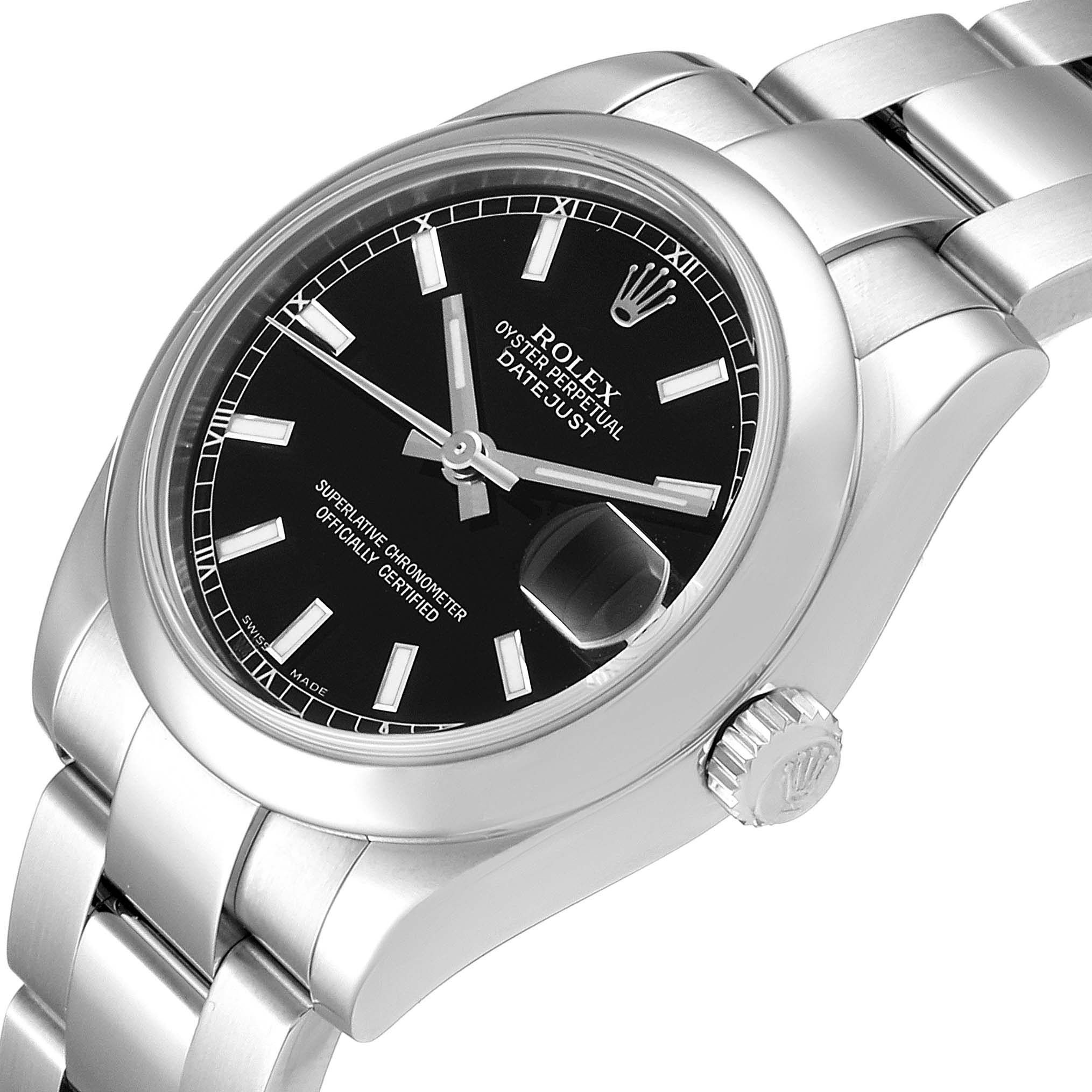 The image shows a close-up angled view of the Rolex Datejust Mid-Size watch, highlighting the dial, bezel, crown, and bracelet.