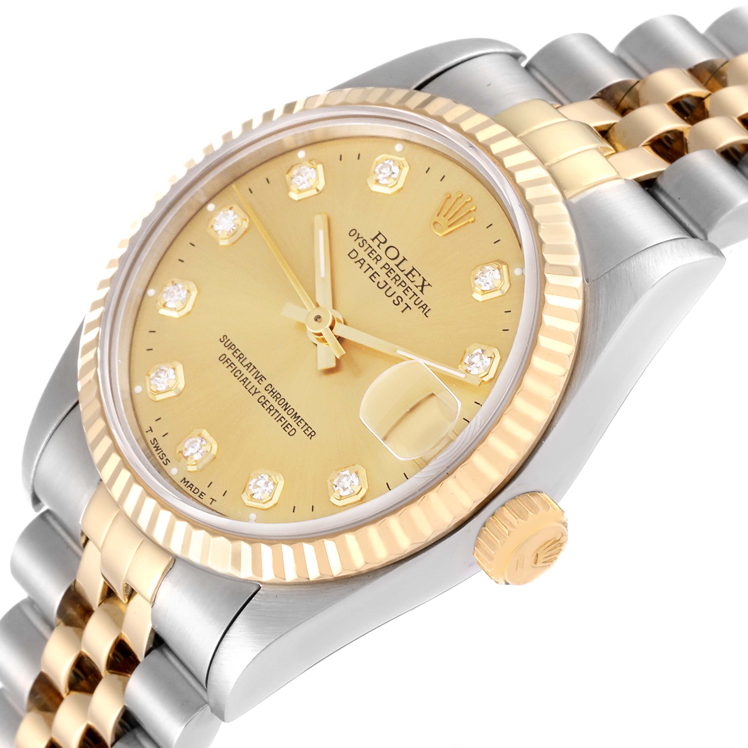 The image shows a close-up angle of the Rolex Mid-Size 68273G Women
s Steel and Gold (two tone) Champagne Dial 68273G Women
s Steel and Gold (two tone) Champagne Dial DateJust, highlighting the dial, bezel, crown, and part of the bracelet.
