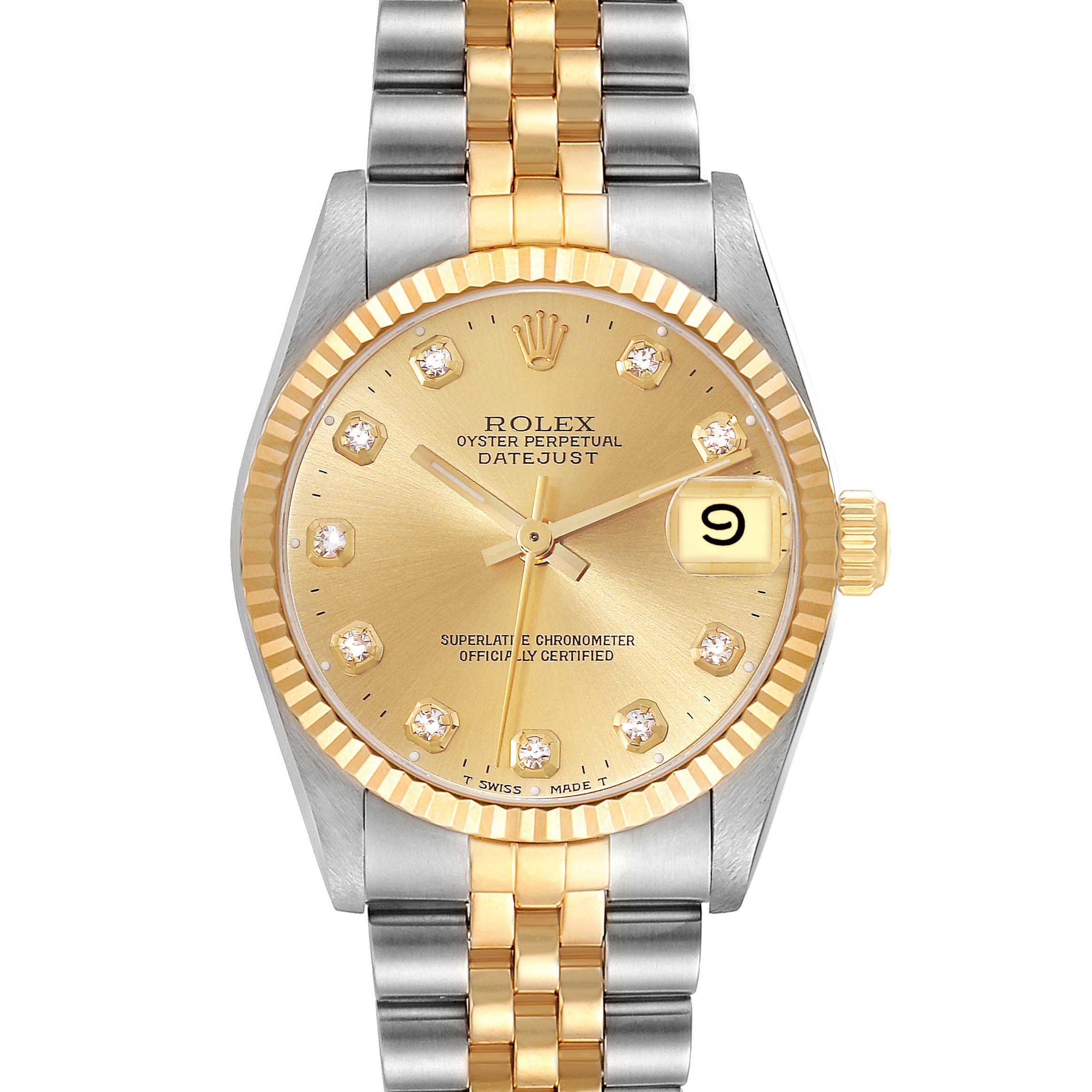 This image shows the face and bracelet of a Mid-Size Rolex Datejust watch from a head-on angle.