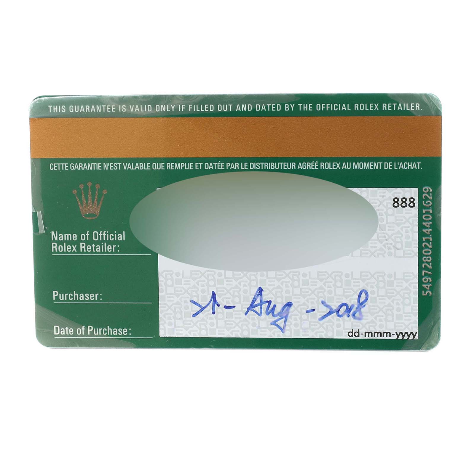 This image shows a guarantee card for a Mid-Size Rolex watch, displaying retailer and purchase information sections.