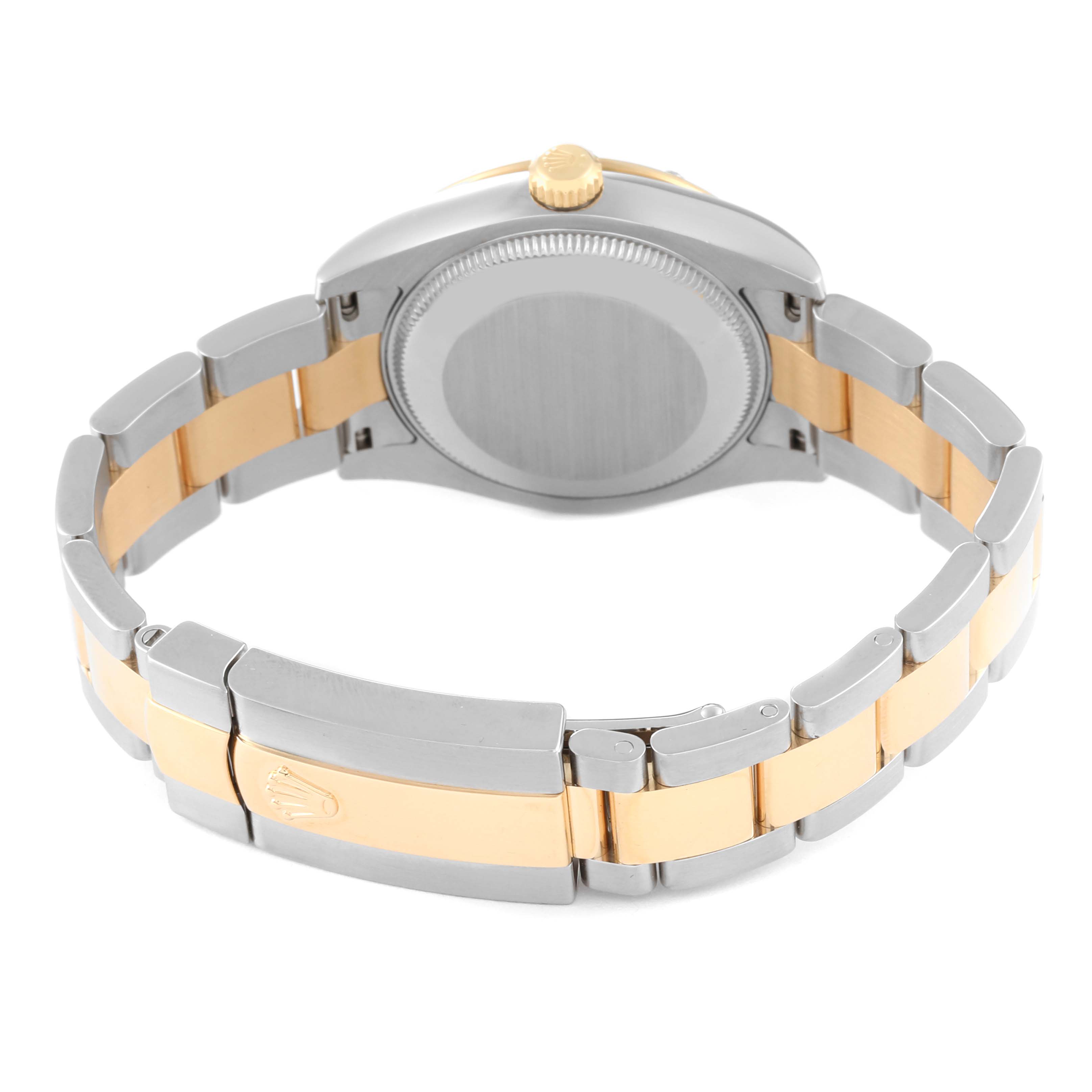 The image shows the back view of a Rolex Mid-Size 178343 Women
s Steel and Gold (two tone) Black Dial 178343 Women
s Steel and Gold (two tone) Black Dial model watch, highlighting the case back, crown, and two-tone bracelet.