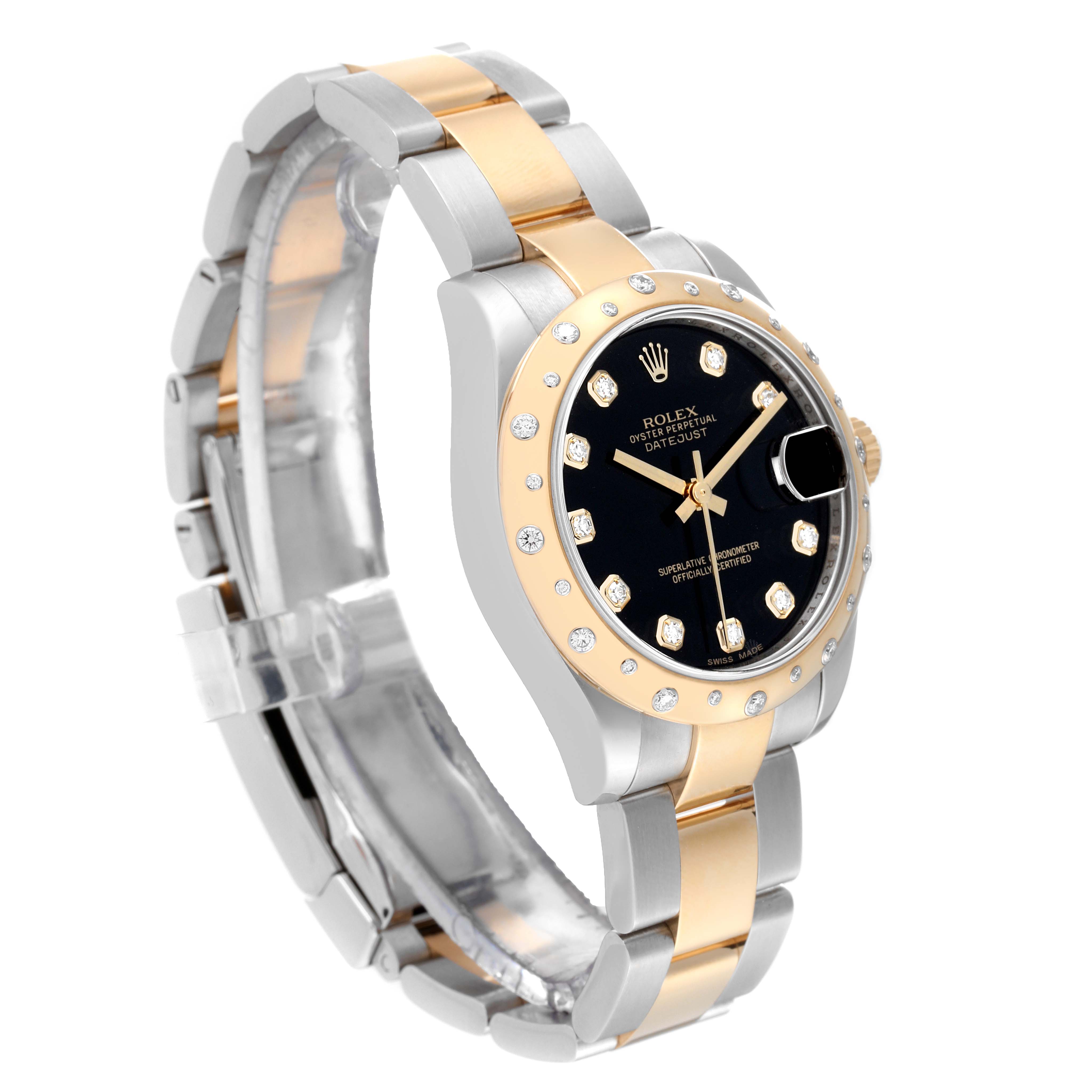 This image shows a Rolex Mid-Size 178343 Women
s Steel and Gold (two tone) Black Dial 178343 Women
s Steel and Gold (two tone) Black Dial Datejust watch at a three-quarter angle, highlighting the face, bezel, and two-tone bracelet.