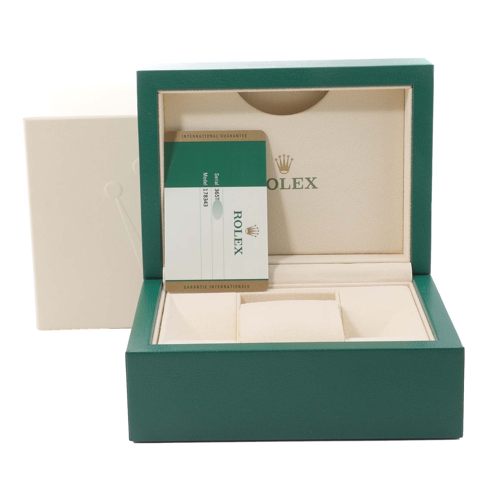 The image shows the open box and guarantee card for a Rolex Mid-Size 178343 Women
s Steel and Gold (two tone) Black Dial 178343 Women
s Steel and Gold (two tone) Black Dial model.