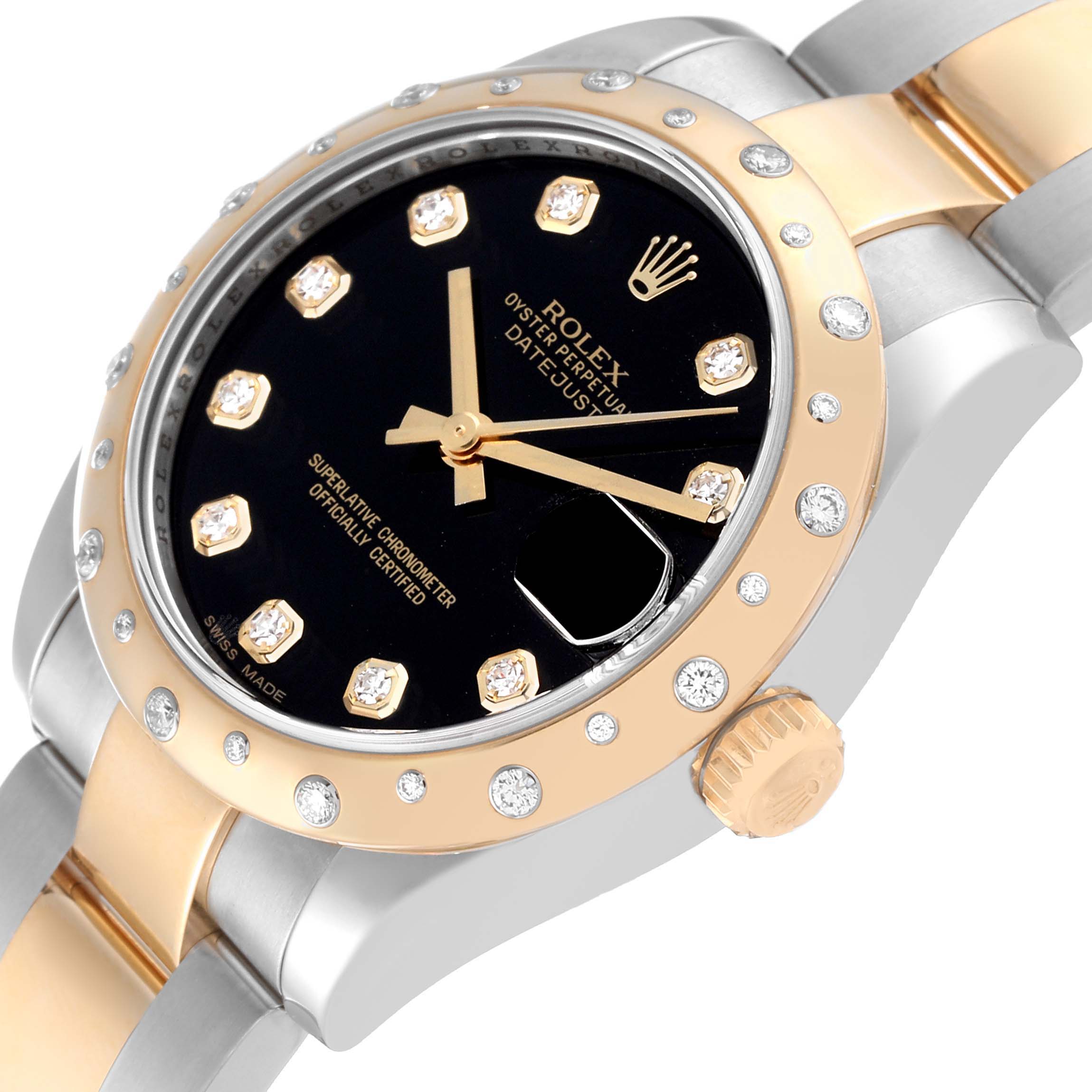 This image shows a close-up angle of the Rolex Mid-Size 178343 Women
s Steel and Gold (two tone) Black Dial 178343 Women
s Steel and Gold (two tone) Black Dial model watch, highlighting the bezel, face, crown, and bracelet links.
