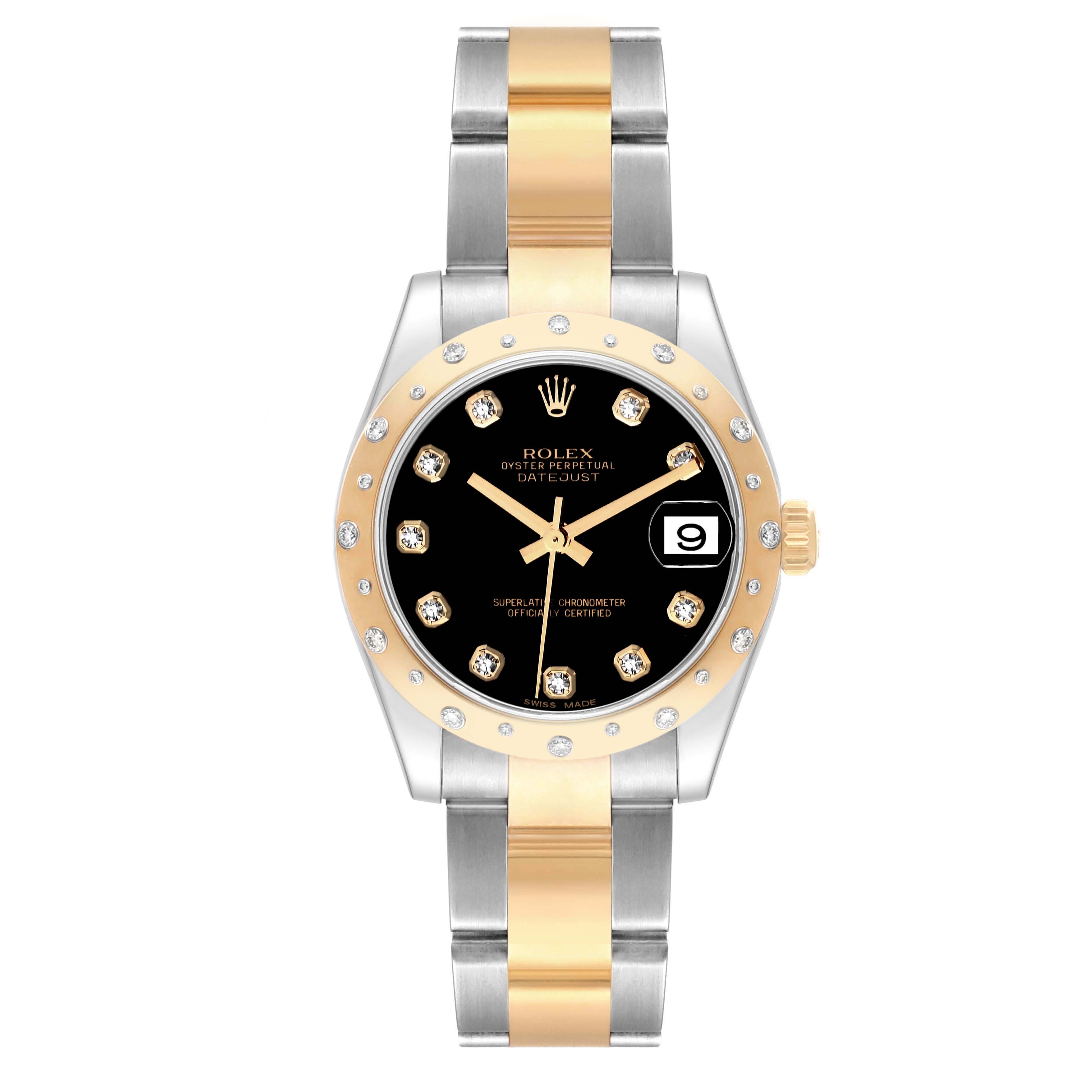 This image shows a front view of a Rolex Mid-Size 178343 Women
s Steel and Gold (two tone) Black Dial 178343 Women
s Steel and Gold (two tone) Black Dial Oyster Perpetual Datejust watch, highlighting its bracelet, bezel, dial, and date window.