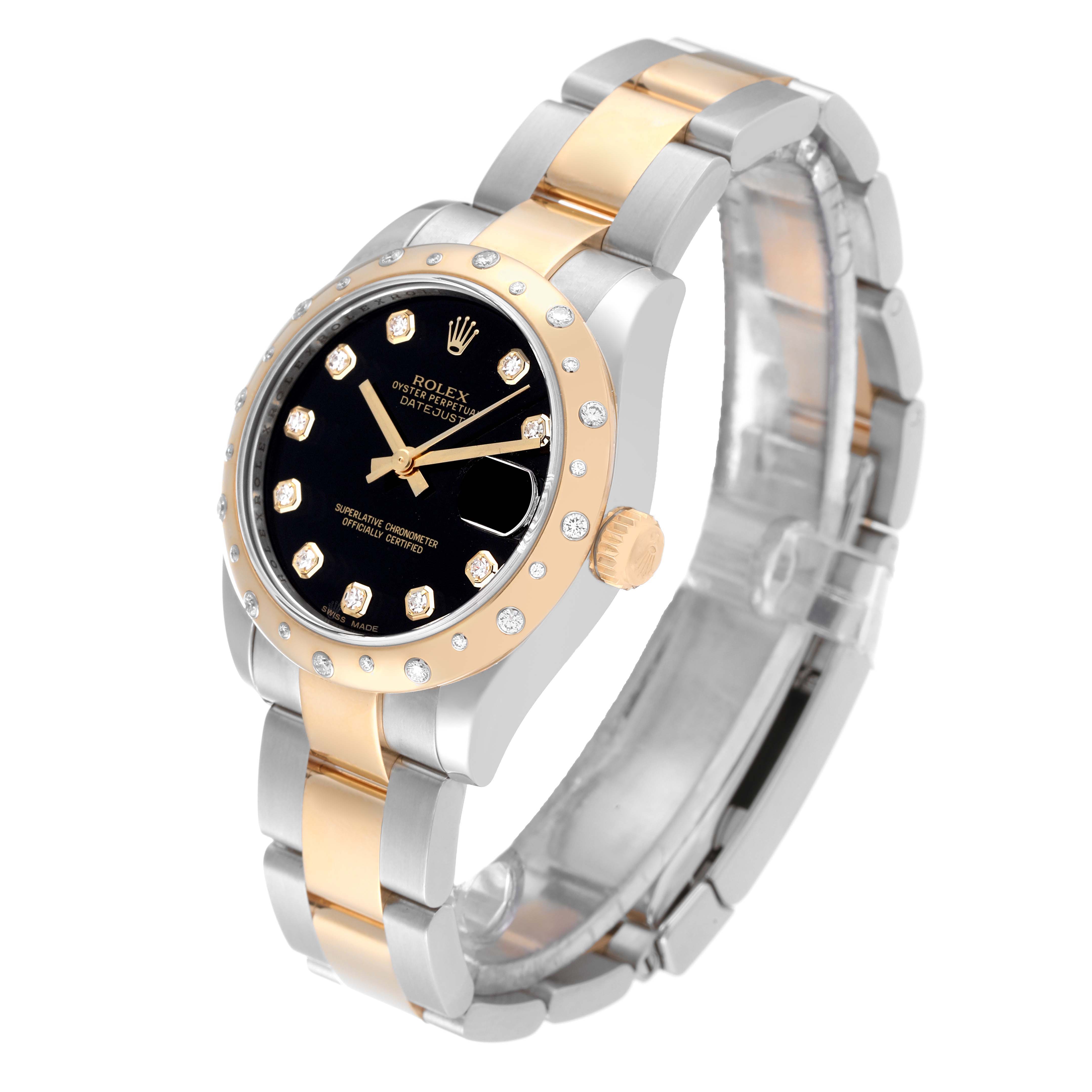 The image showcases a Rolex Mid-Size 178343 Women
s Steel and Gold (two tone) Black Dial 178343 Women
s Steel and Gold (two tone) Black Dial watch, featuring a two-tone metal band, a black dial, and a diamond-studded bezel.