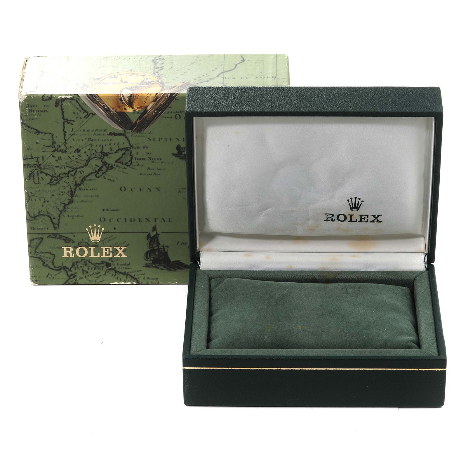The image shows the empty box and outer packaging for a Mid-Size Rolex watch from a straight-on angle.