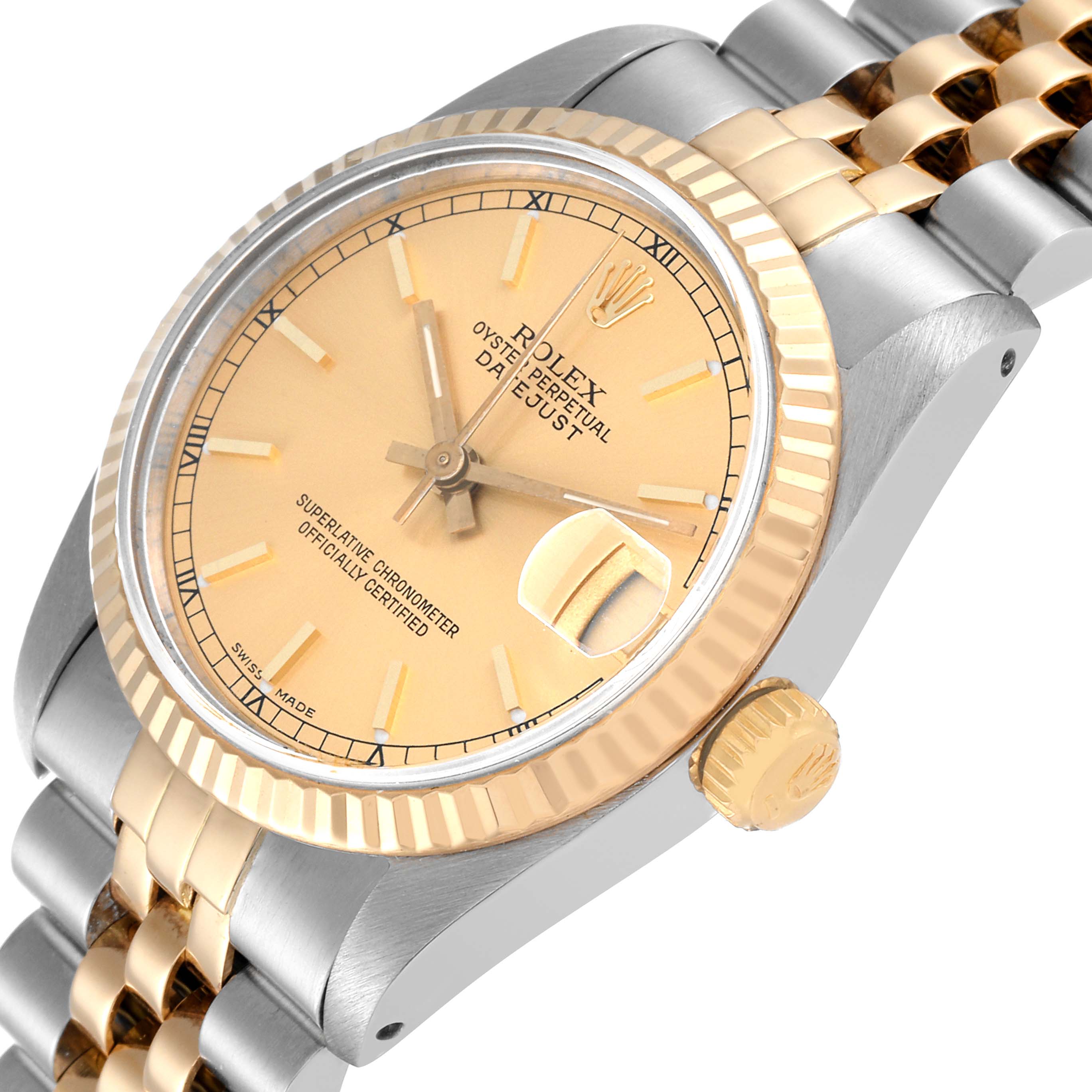 The image shows a close-up, slightly tilted view of a Rolex Oyster Perpetual Datejust Mid-Size watch, highlighting the dial, bezel, and bracelet.