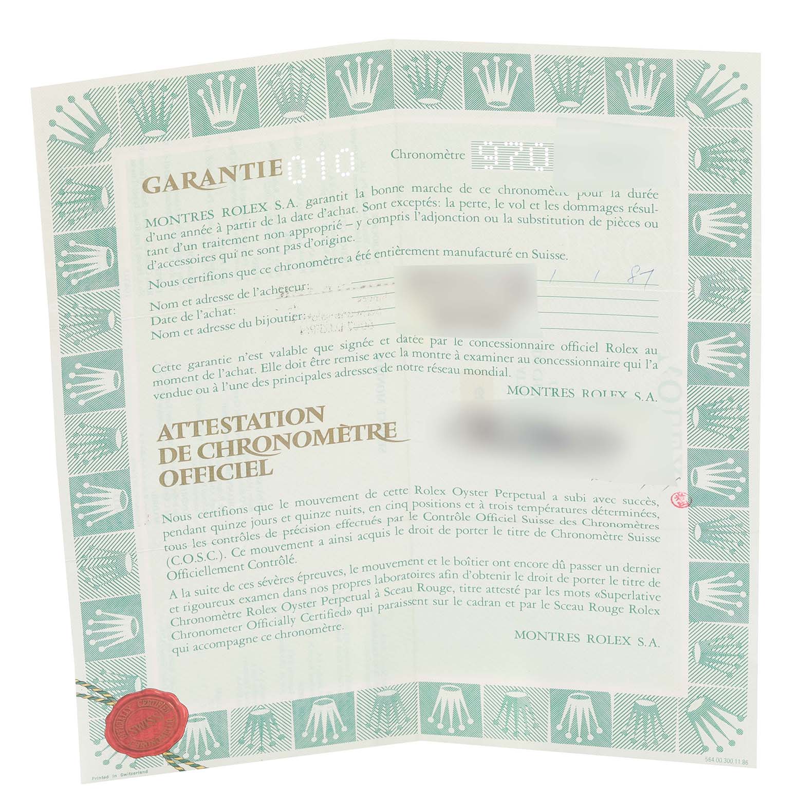 The image shows a Rolex Mid-Size 68273 Women
s Steel and Gold (two tone) Champagne Dial 68273 Women
s Steel and Gold (two tone) Champagne Dial model warranty and certification card with textual details and official seals.