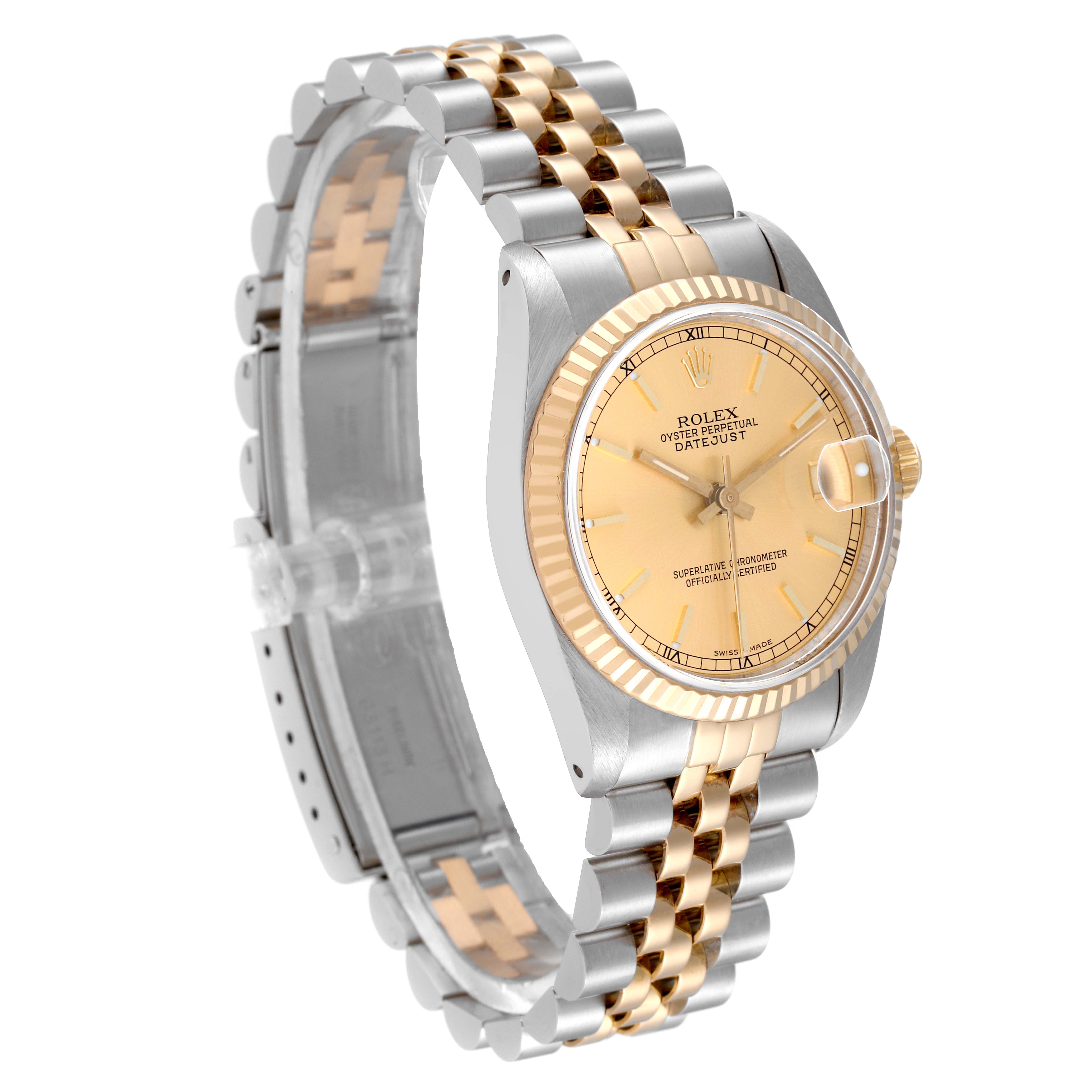 This image shows a side angle of the Rolex Mid-Size 68273 Women
s Steel and Gold (two tone) Champagne Dial 68273 Women
s Steel and Gold (two tone) Champagne Dial Datejust with a two-tone bracelet and a gold dial.