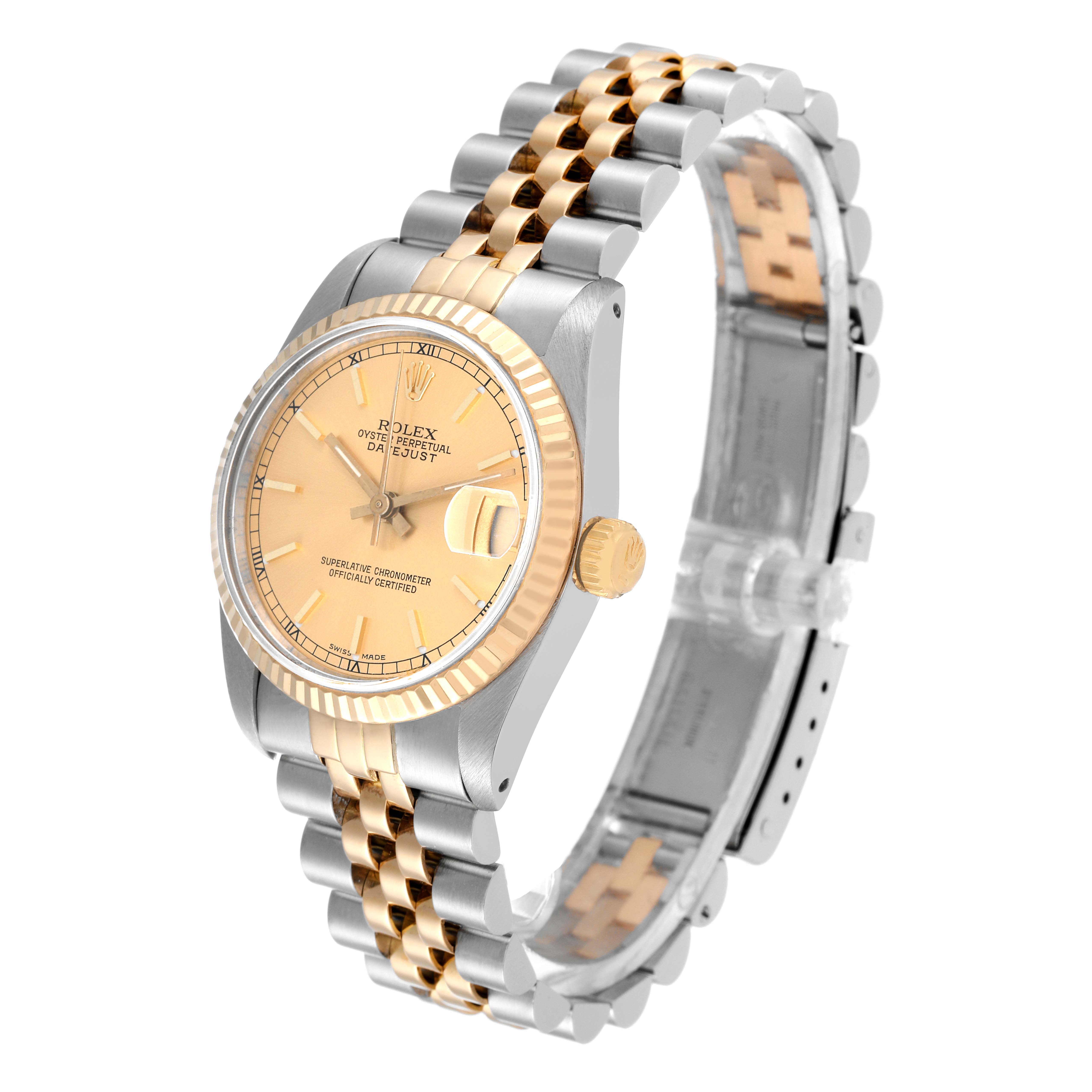 This Rolex Mid-Size 68273 Women
s Steel and Gold (two tone) Champagne Dial 68273 Women
s Steel and Gold (two tone) Champagne Dial watch is shown at a slight angle, highlighting the two-tone bracelet and champagne dial.