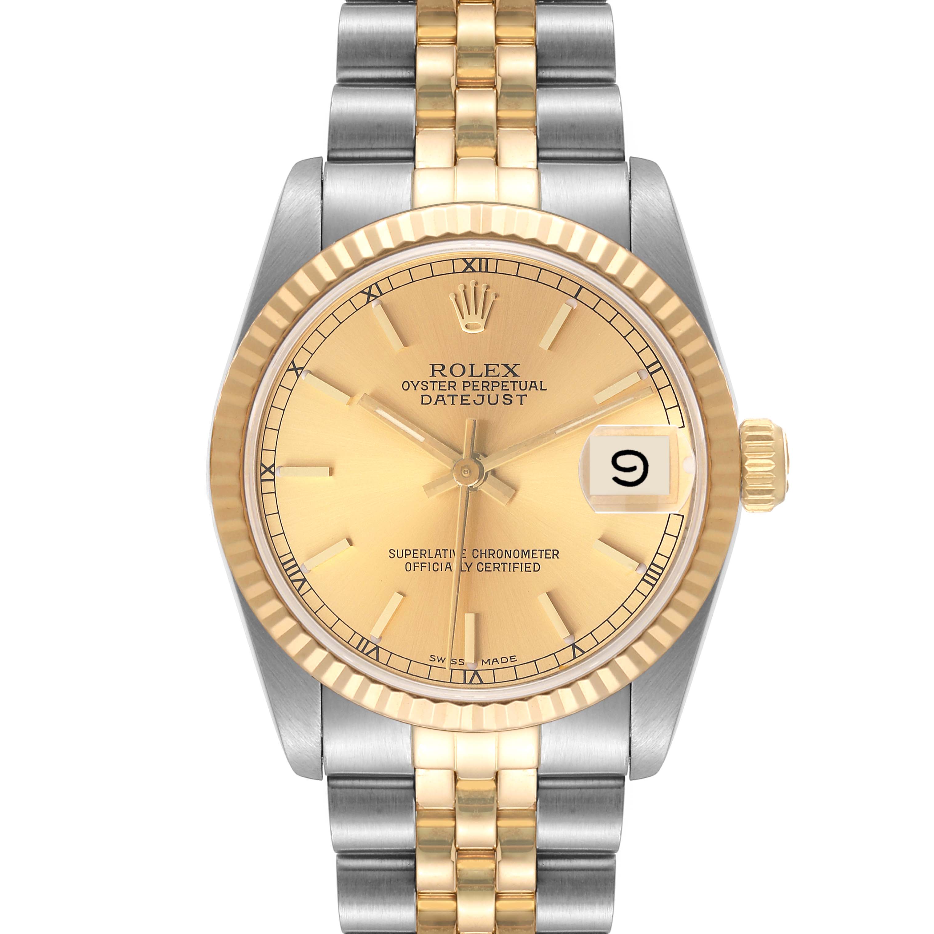 This is a frontal view of the Rolex Mid-Size 68273 Women
s Steel and Gold (two tone) Champagne Dial 68273 Women
s Steel and Gold (two tone) Champagne Dial Datejust watch, showing the dial, hands, bezel, and bracelet.