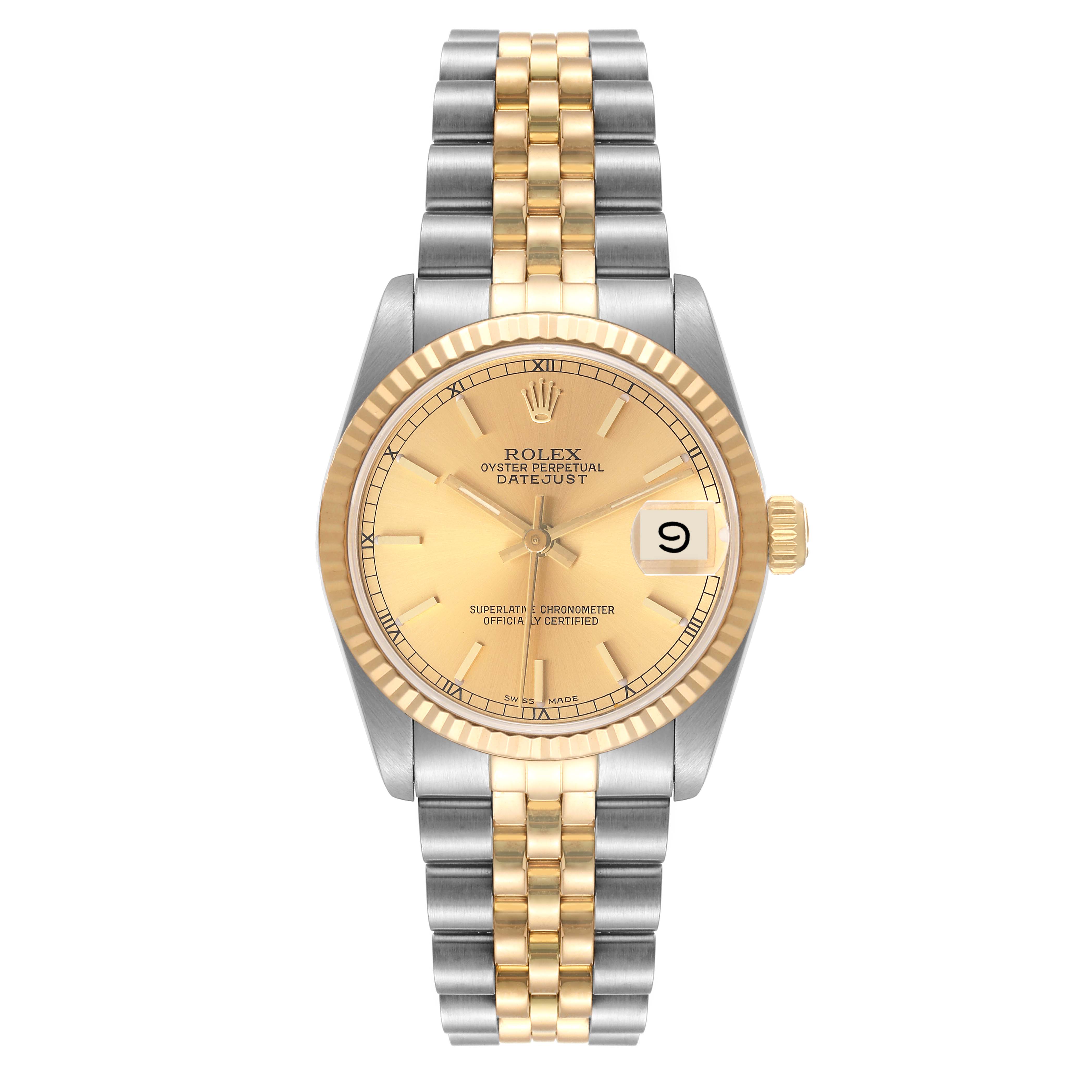 This is a front view of a Rolex Mid-Size 68273 Women
s Steel and Gold (two tone) Champagne Dial 68273 Women
s Steel and Gold (two tone) Champagne Dial Datejust watch, showing the entire watch face, bezel, and bracelet.