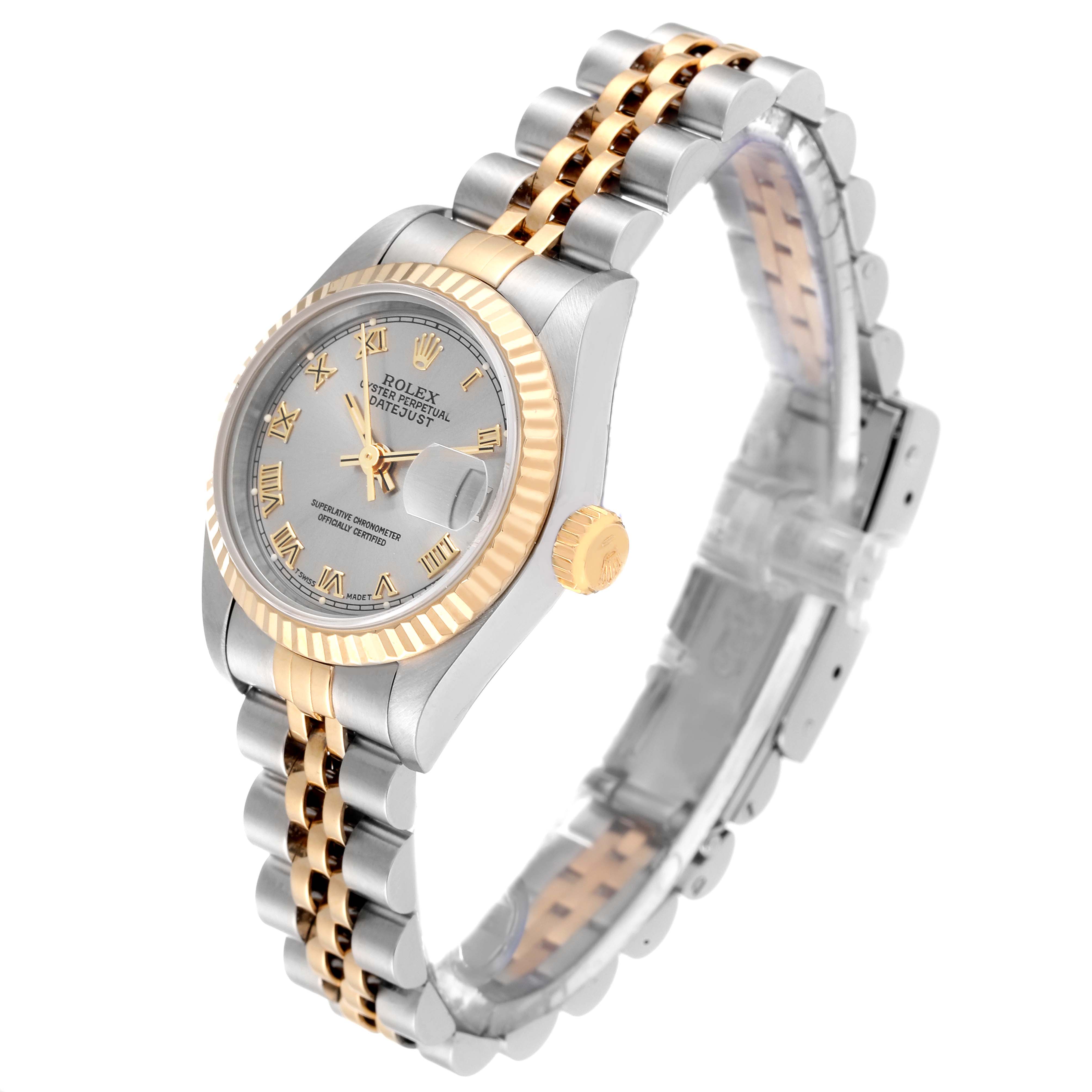 The Rolex Datejust 69173 Women's Steel and Gold (two tone) Grey Dial 69173 Women's Steel and Gold (two tone) Grey Dial model watch is shown in a side angle, highlighting the dial, case, crown, and two-tone bracelet.