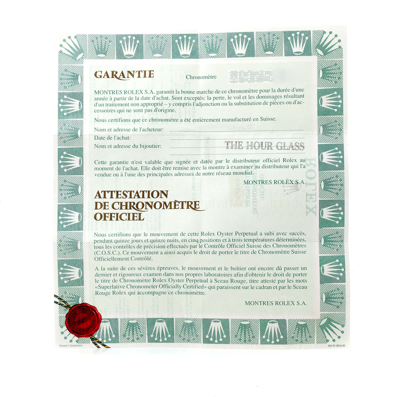 The image shows the official chronometer certificate and warranty paper for a Rolex Datejust 69173 Women's Steel and Gold (two tone) Grey Dial 69173 Women's Steel and Gold (two tone) Grey Dial watch.