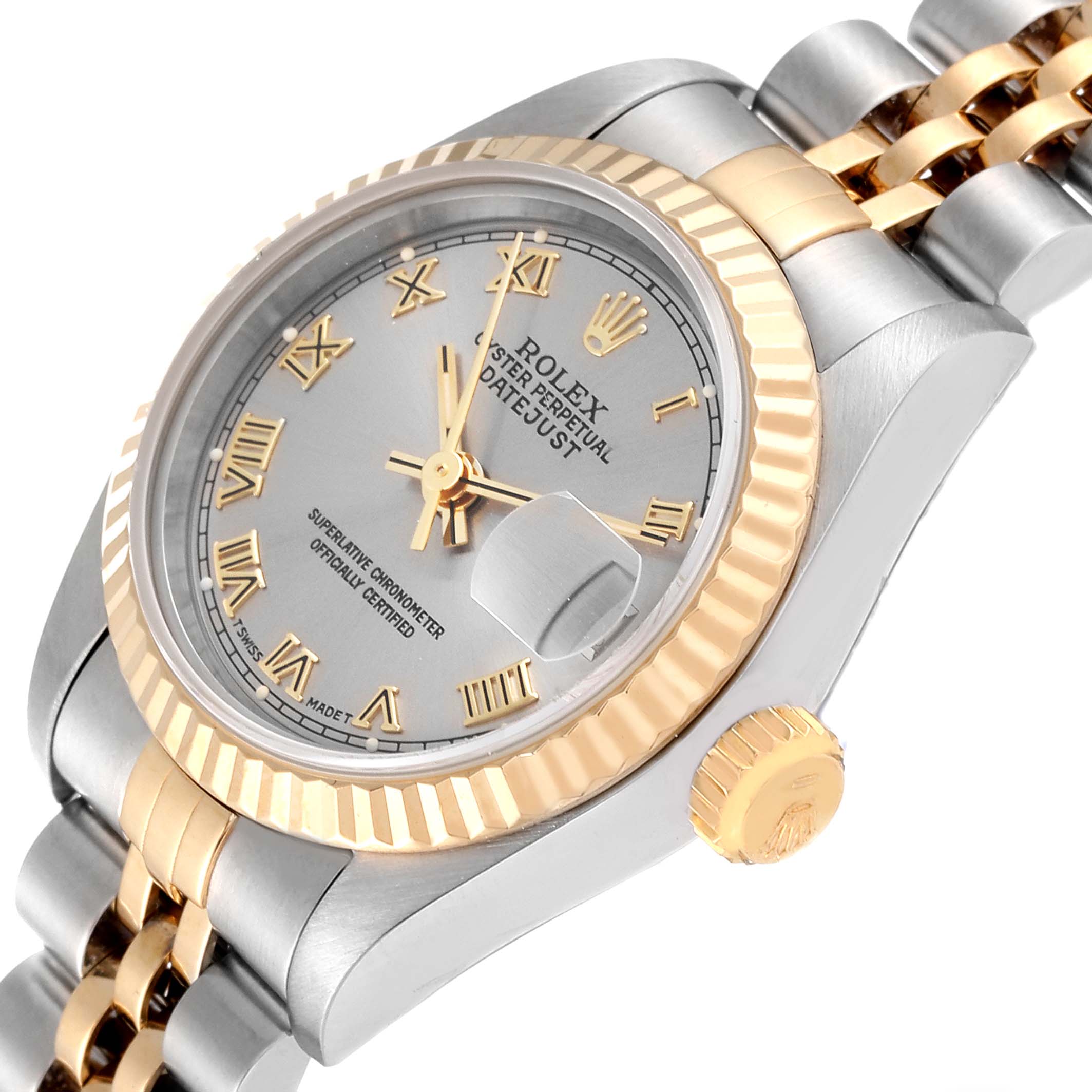The image shows a Rolex Datejust 69173 Women's Steel and Gold (two tone) Grey Dial 69173 Women's Steel and Gold (two tone) Grey Dial watch at an angle highlighting its face, bezel, crown, and part of the bracelet.