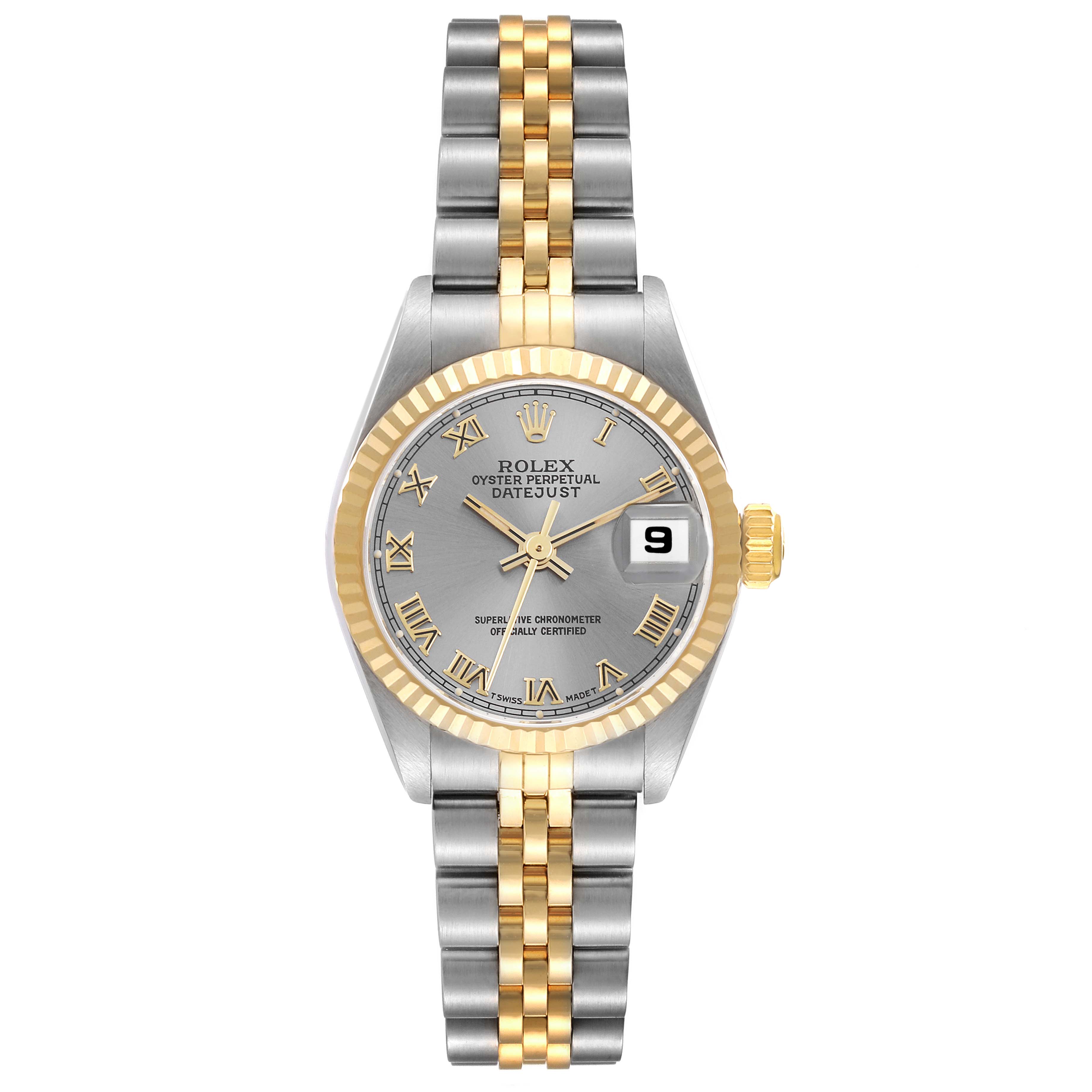 The image shows a front view of a Rolex Datejust 69173 Women's Steel and Gold (two tone) Grey Dial 69173 Women's Steel and Gold (two tone) Grey Dial watch, highlighting its two-tone metal bracelet, fluted bezel, and date window.