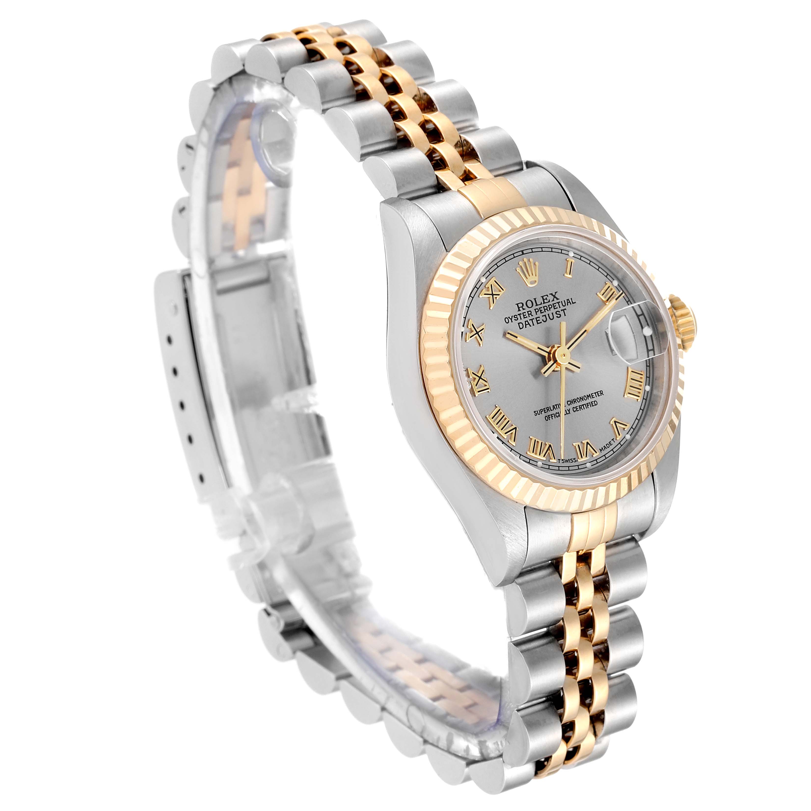 The image shows a Rolex Datejust 69173 Women's Steel and Gold (two tone) Grey Dial 69173 Women's Steel and Gold (two tone) Grey Dial watch at a three-quarter angle, highlighting its two-tone bracelet, dial, and fluted bezel.