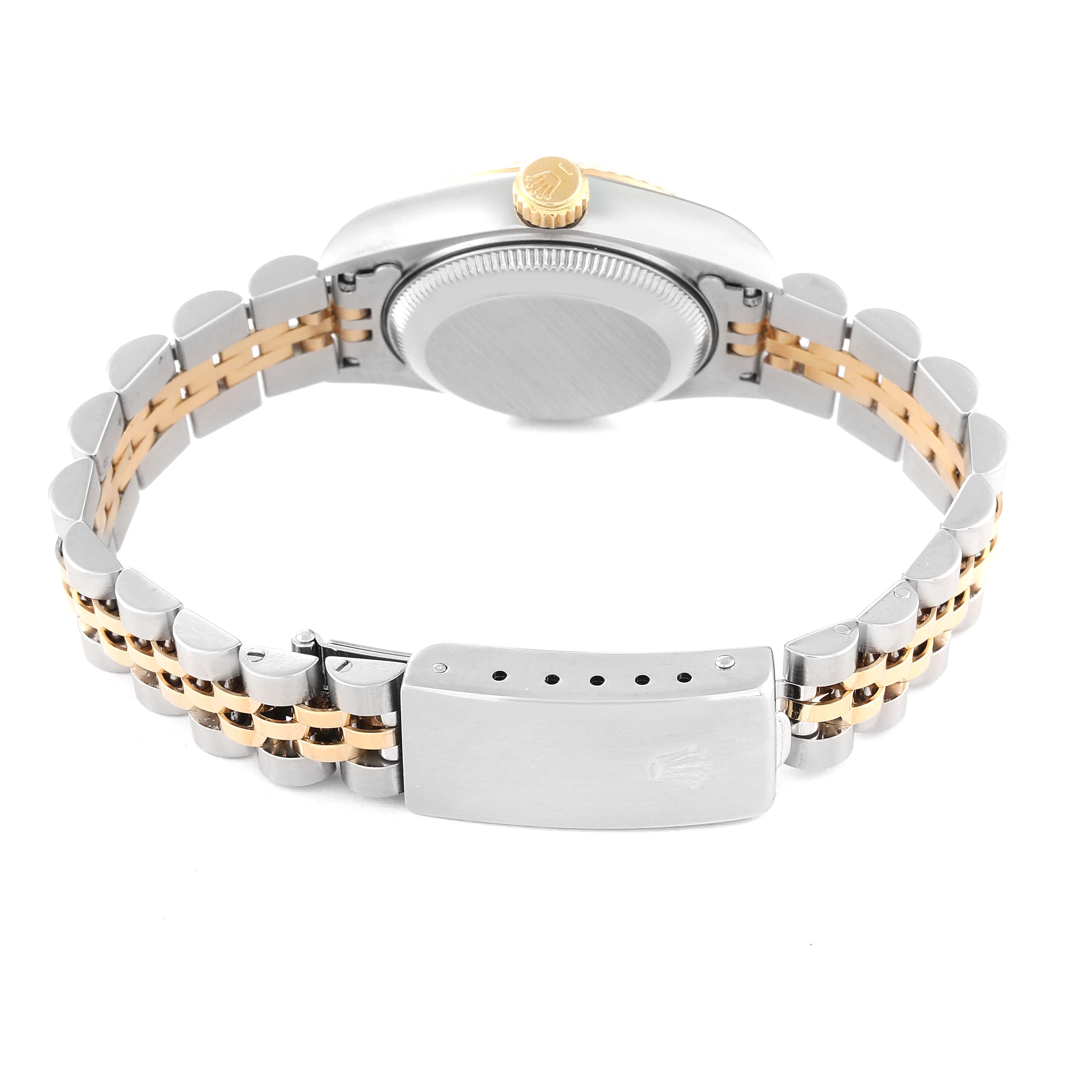 This image shows the back view of a Rolex Datejust 69173 Women's Steel and Gold (two tone) Grey Dial 69173 Women's Steel and Gold (two tone) Grey Dial, highlighting the case back, crown, and two-tone bracelet with a clasp.