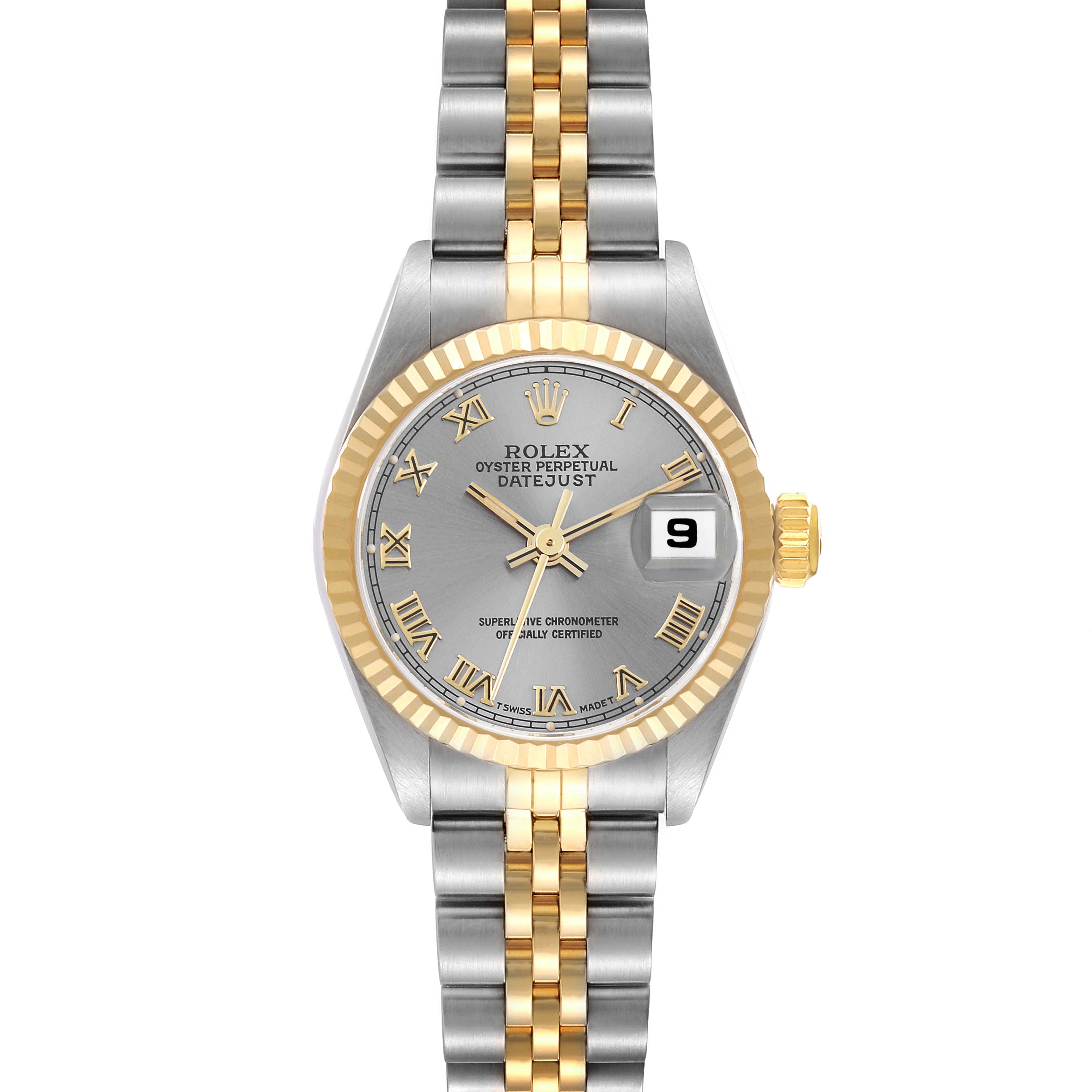 The image shows a front view of the Rolex Datejust 69173 Women's Steel and Gold (two tone) Grey Dial 69173 Women's Steel and Gold (two tone) Grey Dial watch, detailing the bezel, dial, hands, bracelet, and date display.