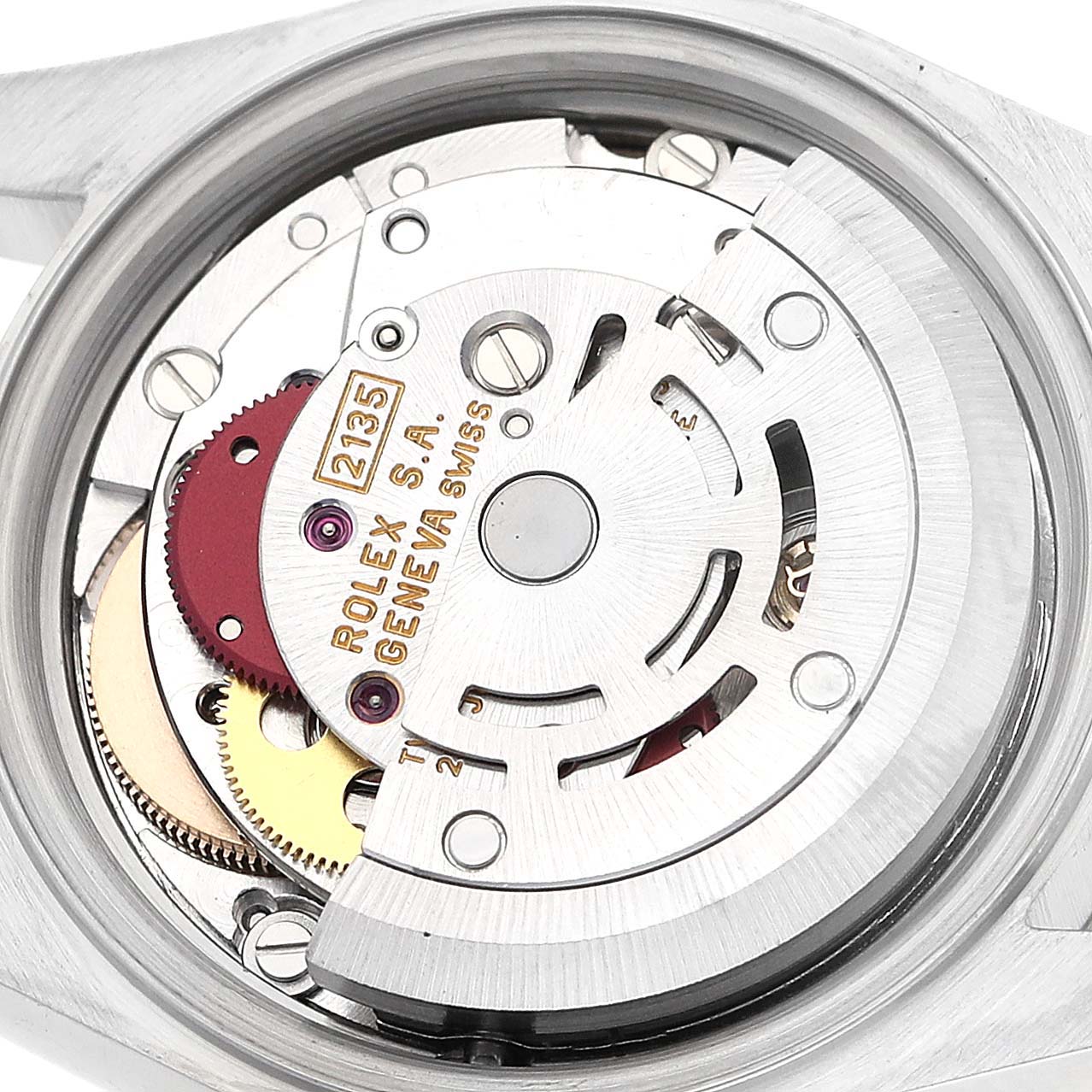 This image shows the internal movement of a Rolex Datejust 69173 Women's Steel and Gold (two tone) Grey Dial 69173 Women's Steel and Gold (two tone) Grey Dial watch, highlighting the intricate gears and mechanisms from a top angle.
