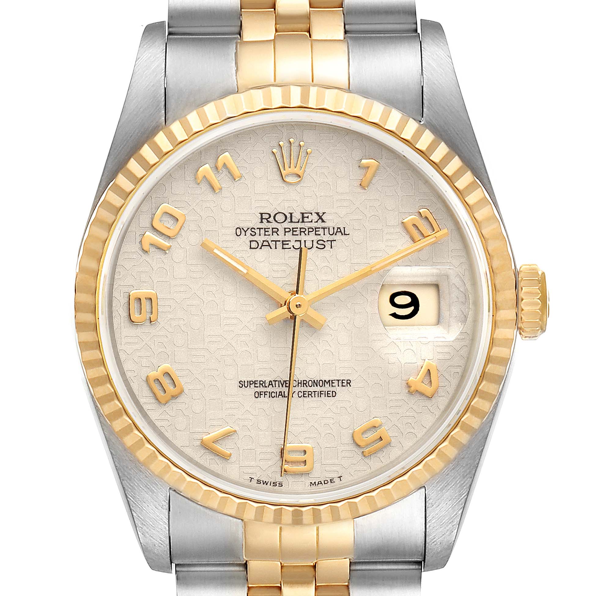 This image shows a Rolex Datejust 16233 Men
s Steel and Gold (two tone) Beige Dial 16233 Men
s Steel and Gold (two tone) Beige Dial watch from the front, highlighting its dial, bezel, hands, date window, and part of the bracelet.
