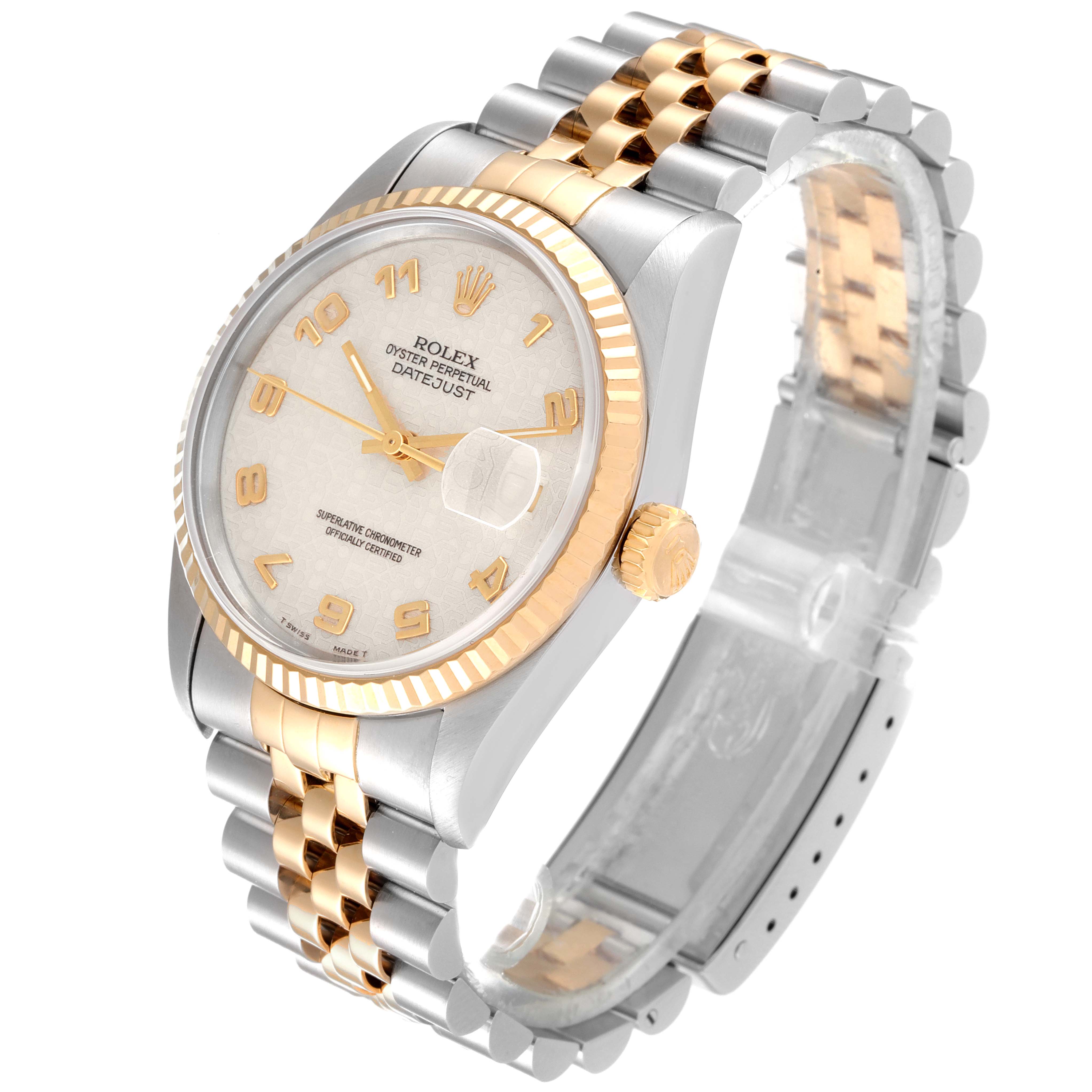 The Rolex Datejust 16233 Men
s Steel and Gold (two tone) Beige Dial 16233 Men
s Steel and Gold (two tone) Beige Dial watch is shown at a 3/4 angle, displaying the bracelet, dial, bezel, and crown.