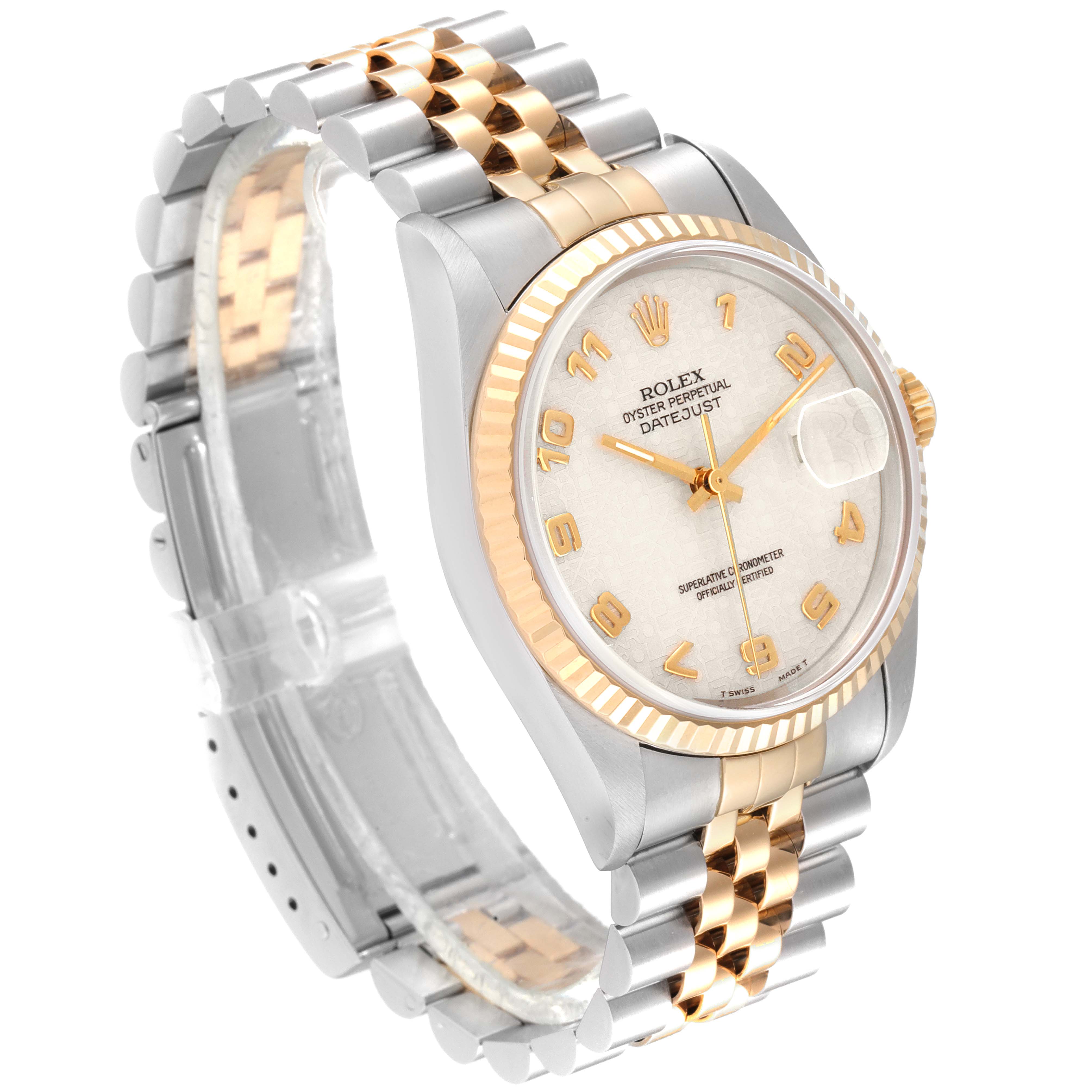 The image shows a Rolex Datejust 16233 Men
s Steel and Gold (two tone) Beige Dial 16233 Men
s Steel and Gold (two tone) Beige Dial watch at a three-quarter angle, highlighting the gold and silver Jubilee bracelet, fluted bezel, and dial.