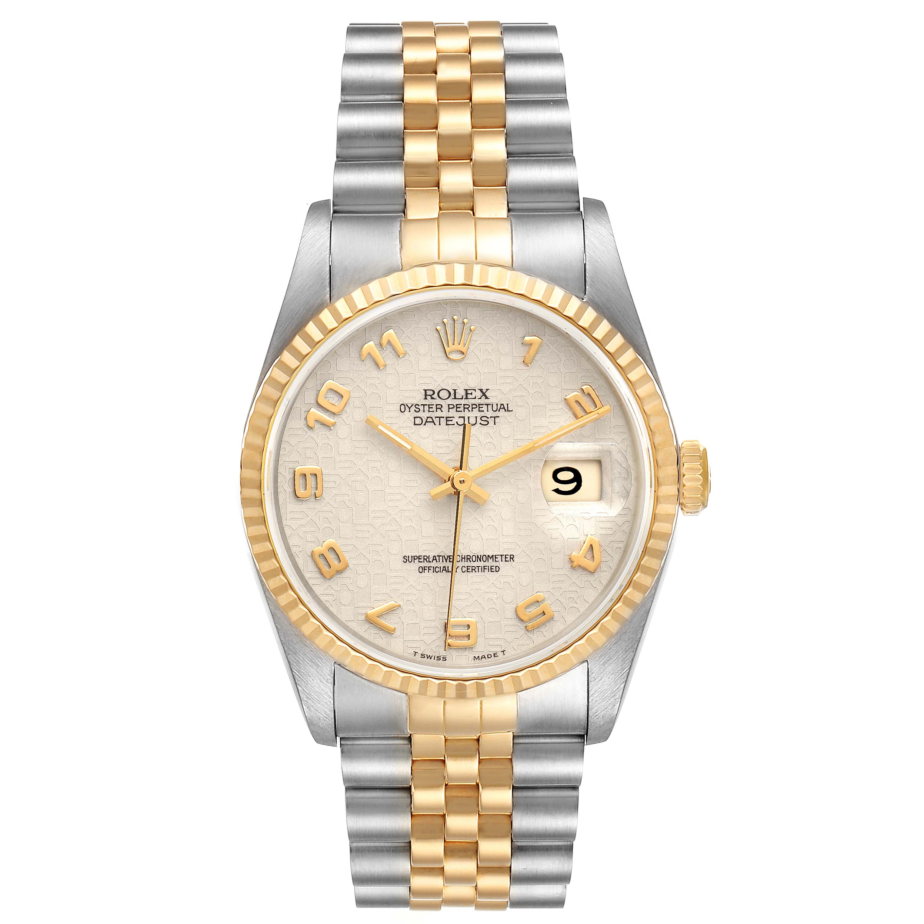 The Rolex Datejust 16233 Men
s Steel and Gold (two tone) Beige Dial 16233 Men
s Steel and Gold (two tone) Beige Dial watch is shown from a top-down angle, displaying the face, bezel, and bracelet clearly.