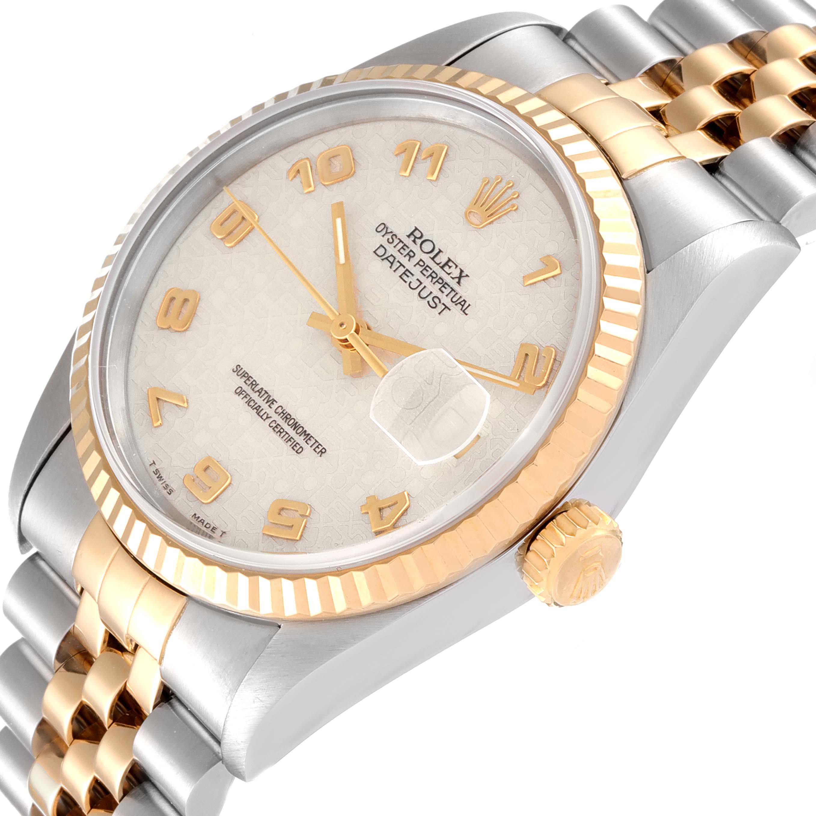 This image displays a Rolex Datejust 16233 Men
s Steel and Gold (two tone) Beige Dial 16233 Men
s Steel and Gold (two tone) Beige Dial watch at a slightly angled top-down perspective, showcasing the dial, crown, and part of the bracelet.
