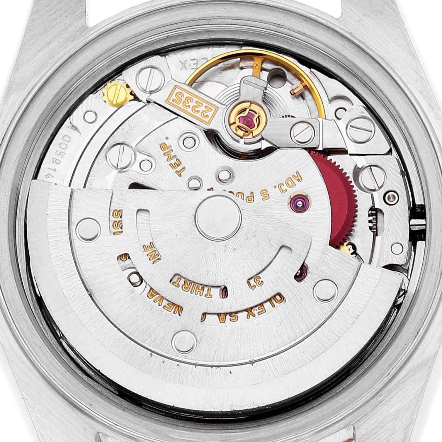 The image shows the internal mechanism and movement of a Rolex Datejust 79163 Women's Steel and Gold (two tone) White Dial 79163 Women's Steel and Gold (two tone) White Dial watch from a rear angle.