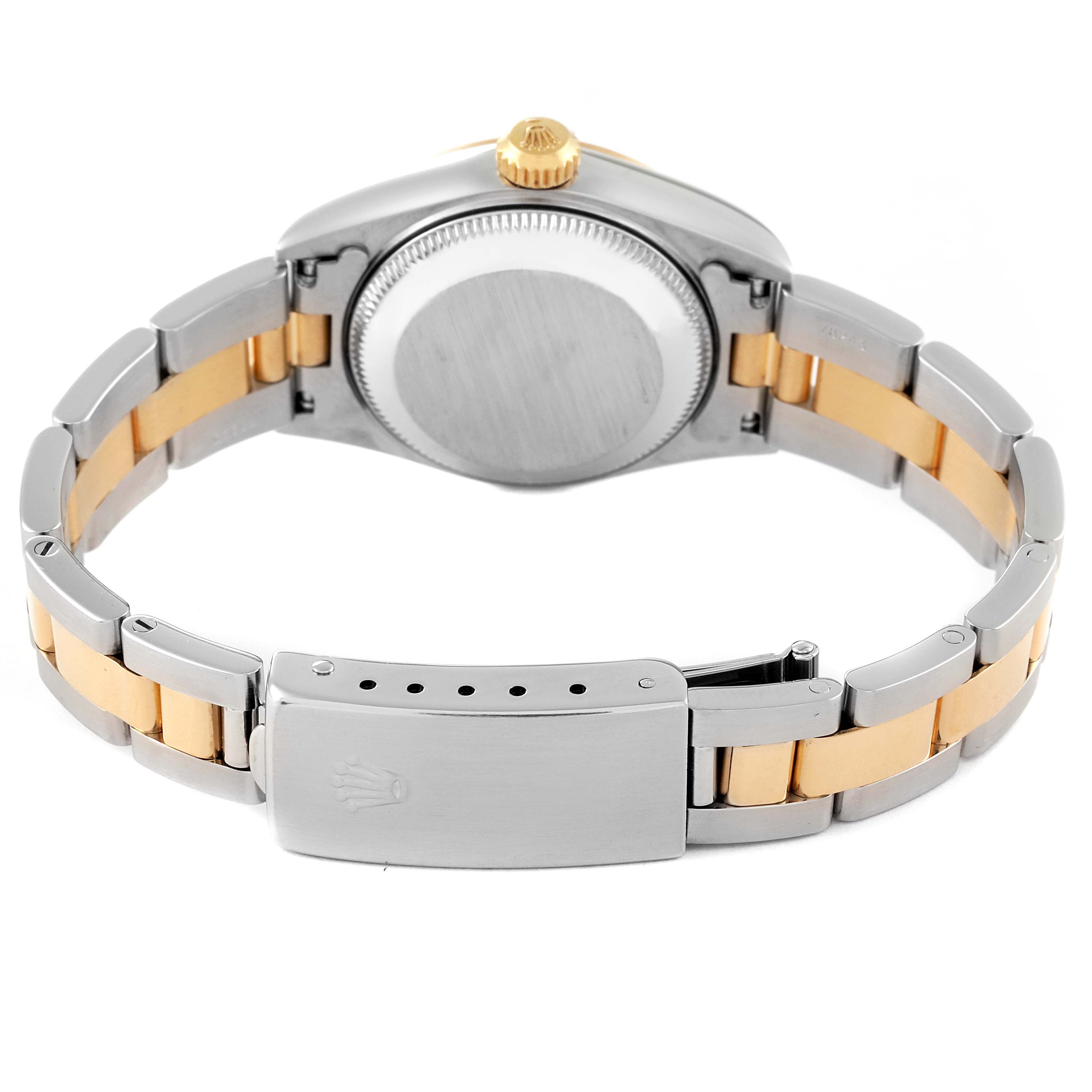 This image shows the back of a Rolex Datejust 79163 Women's Steel and Gold (two tone) White Dial 79163 Women's Steel and Gold (two tone) White Dial watch, highlighting the case back, bracelet, and clasp.